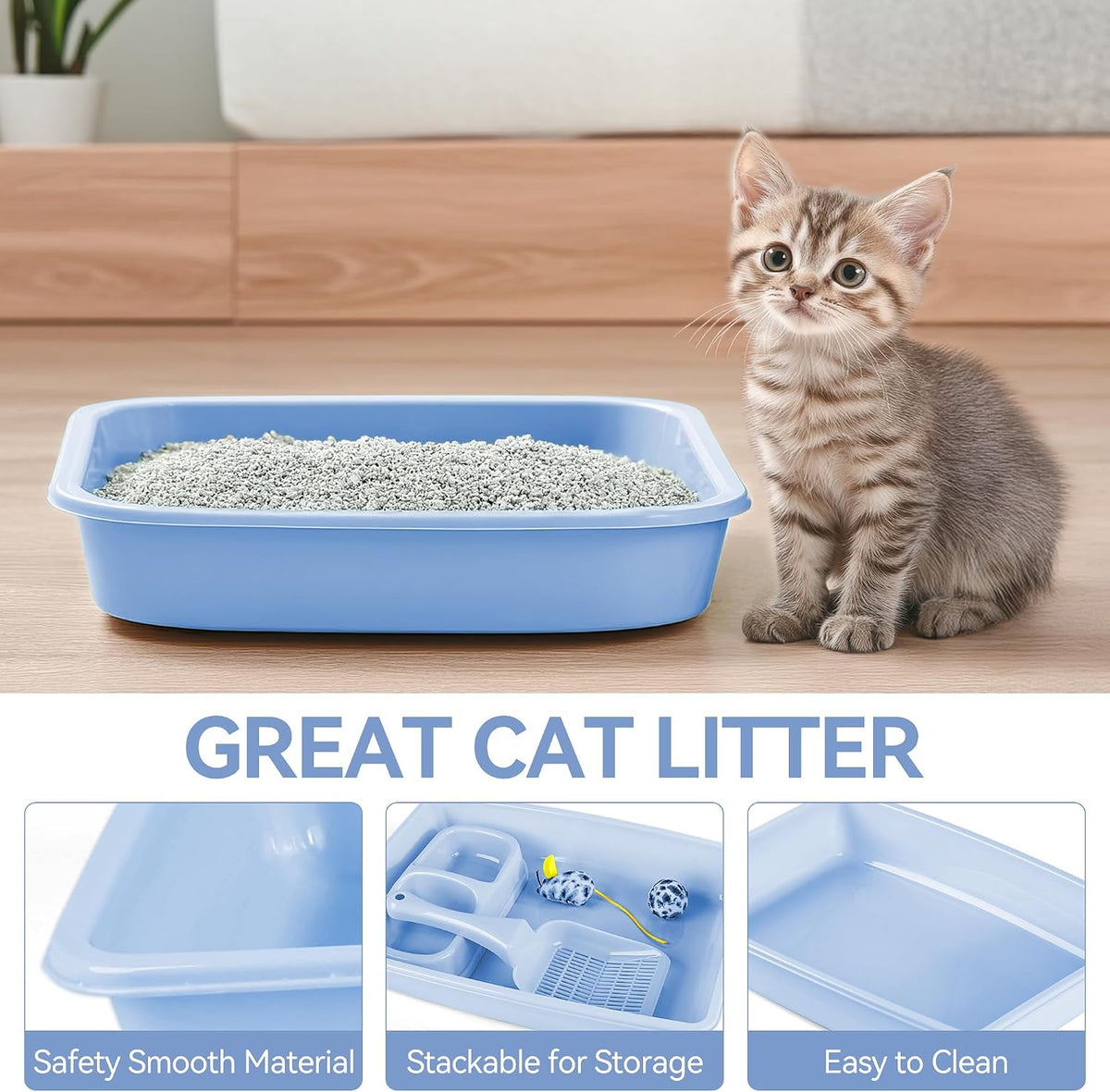 PAWISE Newborn Kitty Litter Box Set 5-Pieces - Shallow Cat Litter Pan, Cat Litter Scooper, Feeding Bowls, Kitten Starter Kit Mouse Toy, 14.5x10.5 Inches, Blue