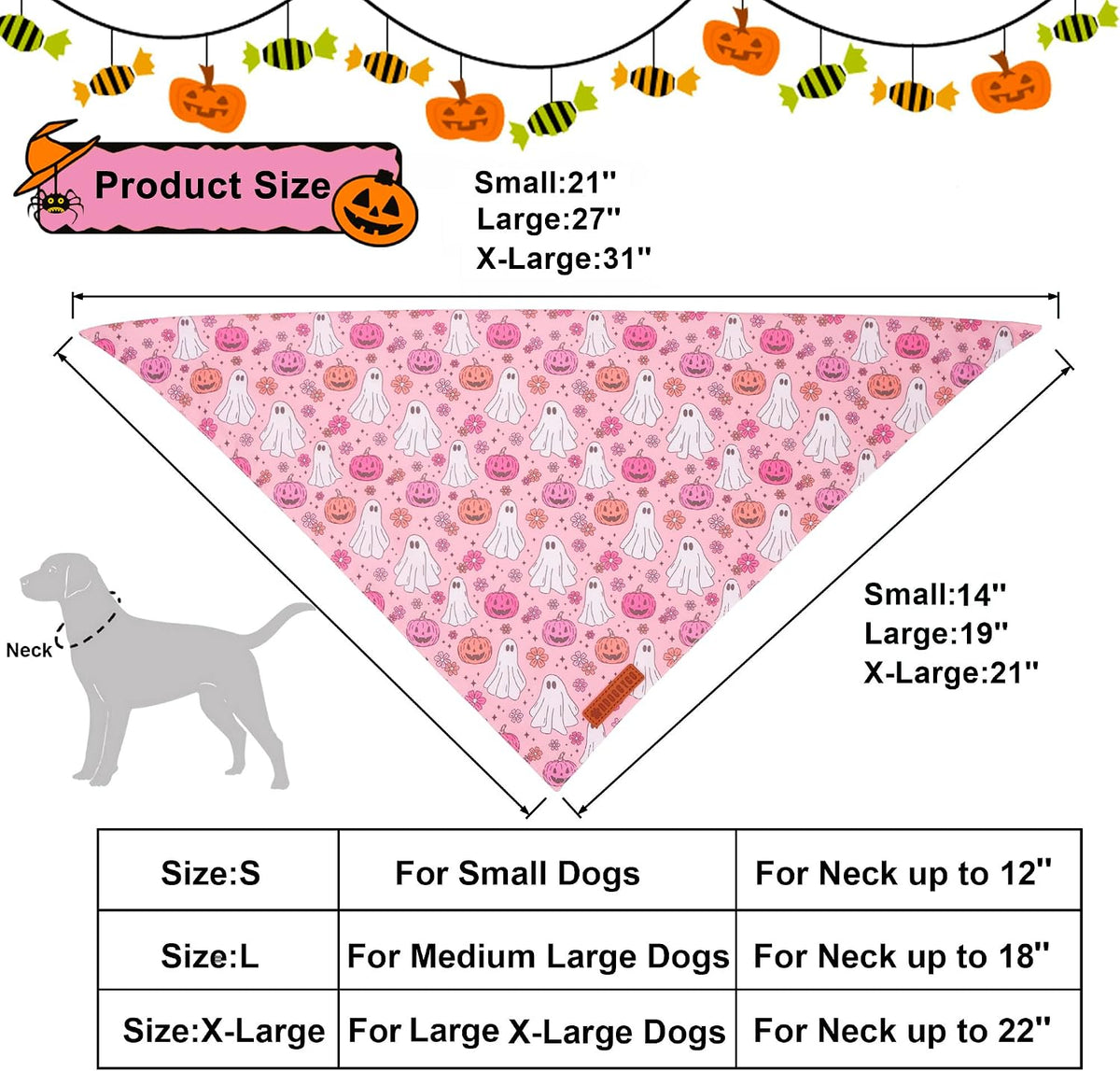 ADOGGYGO Pink Halloween Dog Bandanas Girl, Ghost Pumpkin Dog Scarf, Large