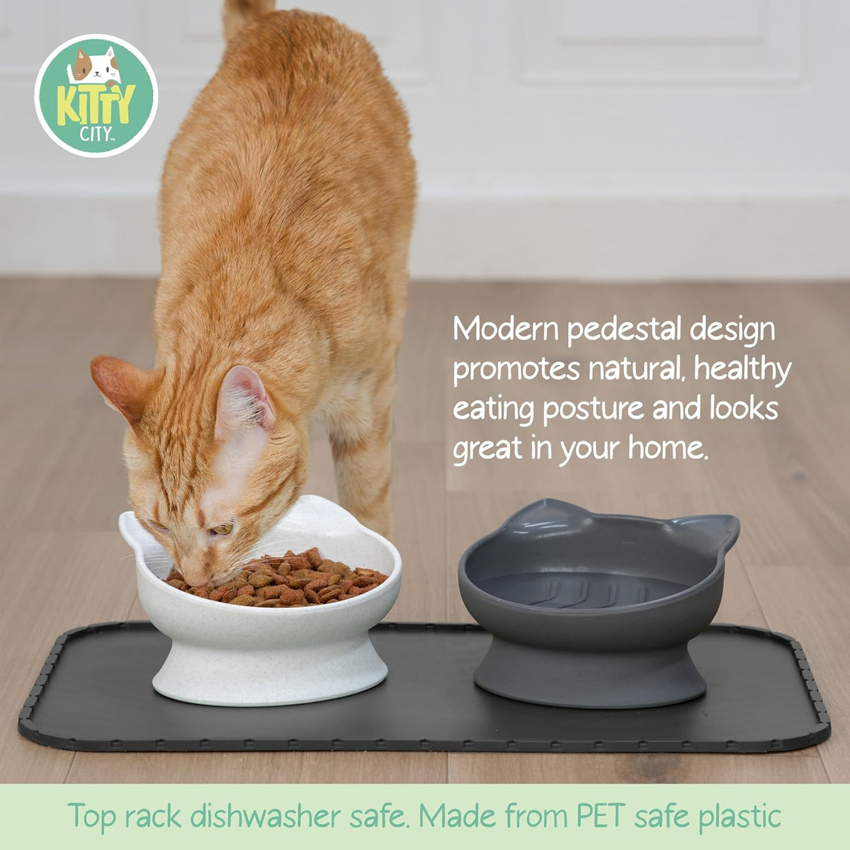 Kitty City Elevated Slow Feeder Cat Bowls (Set of 2), Whisker-Friendly Raised Cat Food Dishes with Ridges, Helps Reduce Fast Eating & Digestion Issues, Dishwasher Safe, 10.8 oz – White & Gray