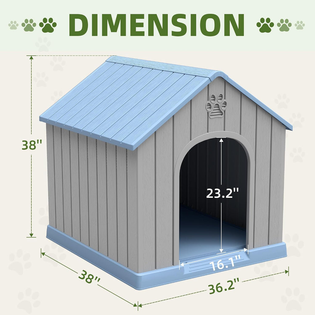 Fancyango Large Dog House for Medium to Large Dogs – Sturdy Plastic Waterproof Doghouse for Indoor/Outdoor Use with Air Vents and Elevated Floor Easy to Clean and Assemble (Blue, 36.2"L × 38"W × 38"H)