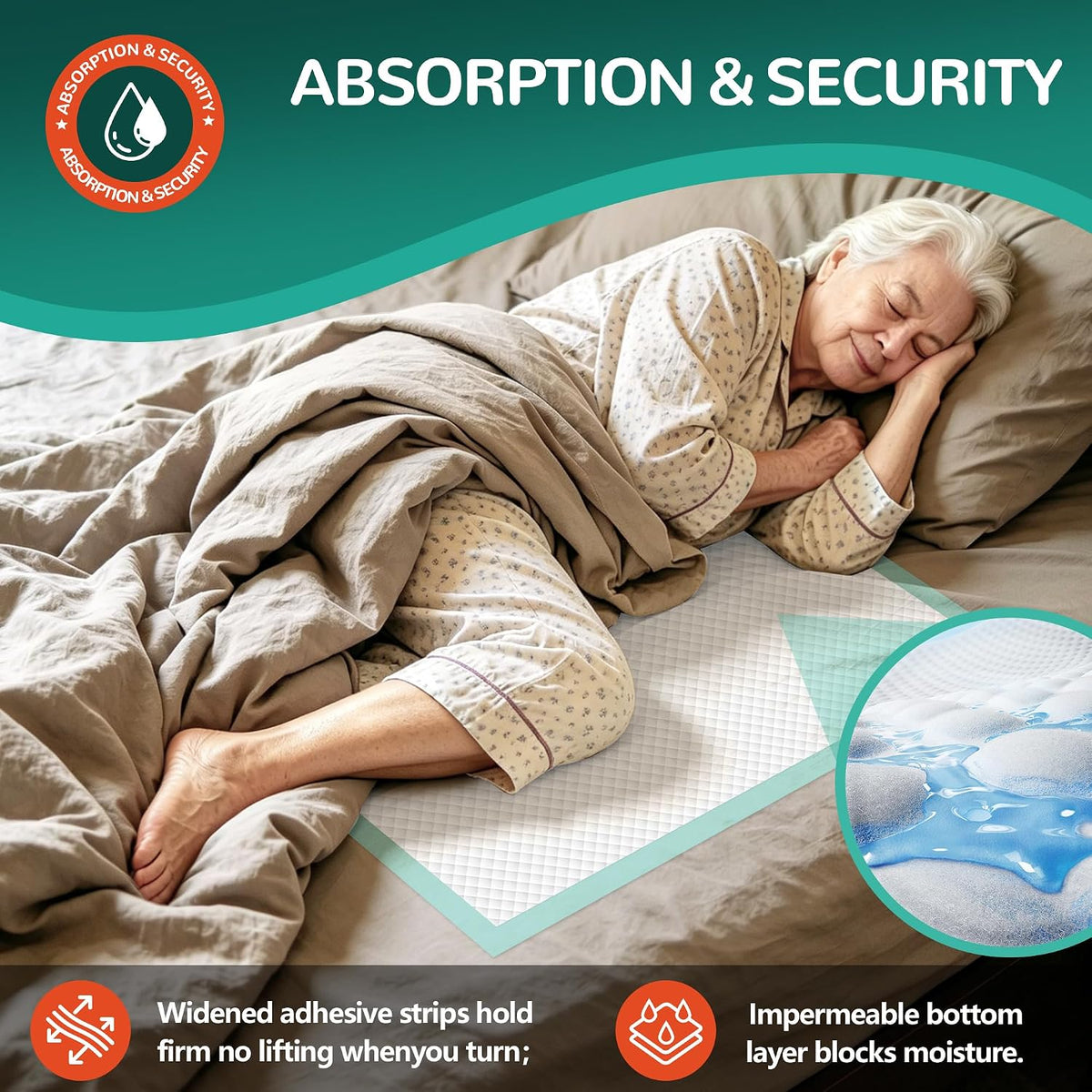 MILDPLUS Bed Pads with Adhesive Strips 36''X36'', 30 Count Chucks Disposable Underpads Extra Large Thicker Incontinence Pads for Unisex Adult, Senior, Kids and Pet
