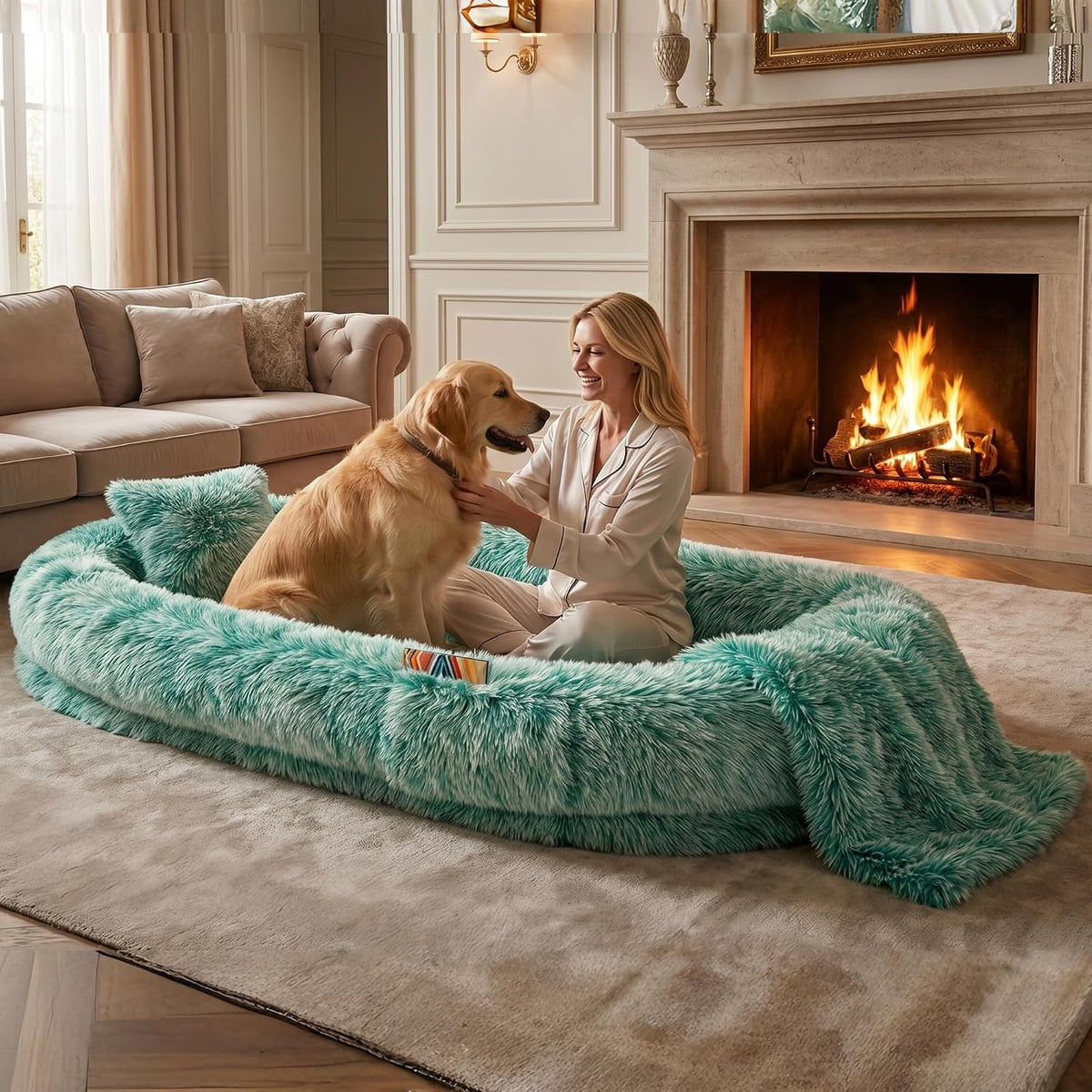 Human Dog Bed, Oversized Plush Lounger Bed with Plump Pillow and Blanket