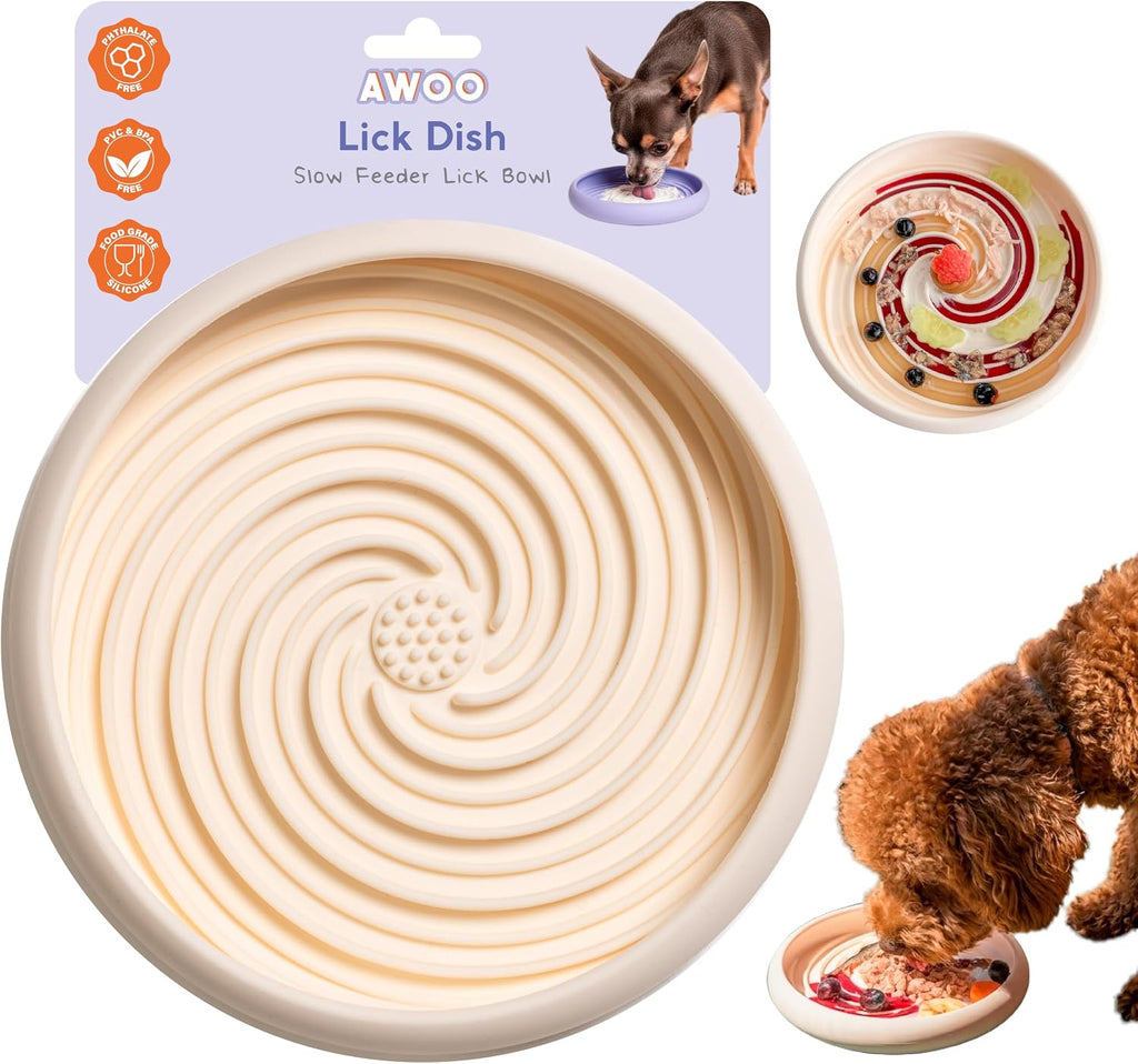 Large Lick Dish - Silicone Lick Mat + Slow Feeder for Cats & Dogs (Almond)
