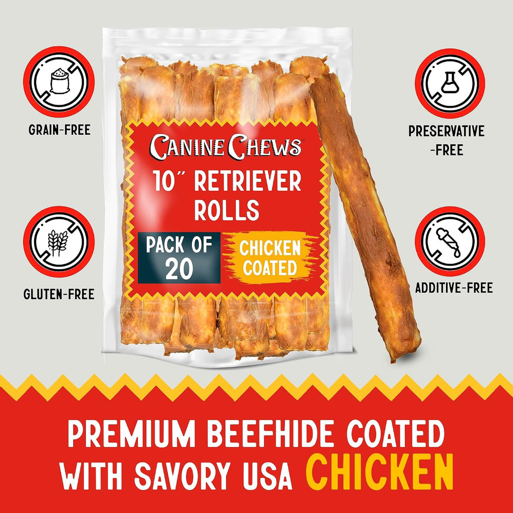 Canine Chews 10" Chicken Coated Dog Rawhide Retriever Rolls (20 Pack) Bones for Large Dogs - 100% USA-Sourced-Chicken - Long-Lasting - Healthy Dental Chew