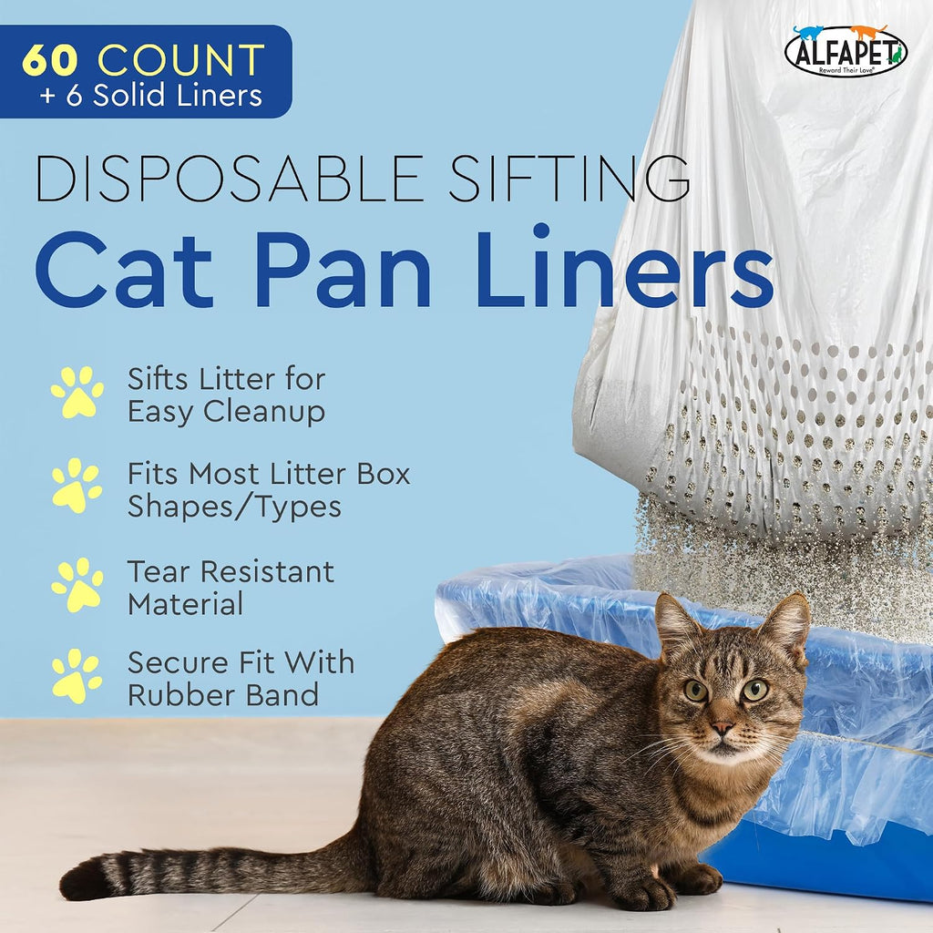 Cat Litter Box Sifting Liners Alfapet - Extra Giant 60 Count - Tear-Resistant Cat Litter Bags - Waterproof Kitty Litter Liners - Fits Almost All Litterbox Pan Sizes, 40" x 38", 30 lb Capacity