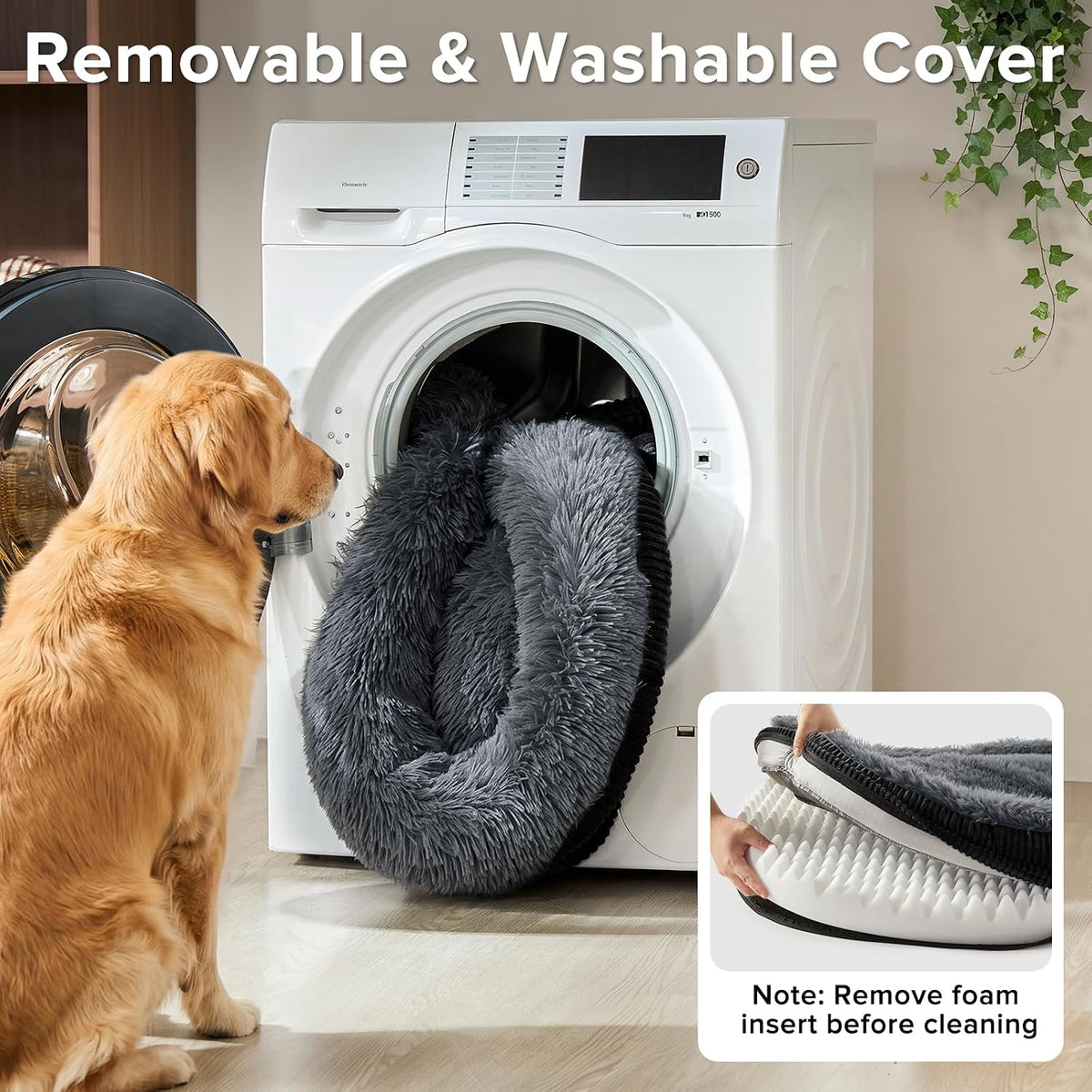 INVENHO Fluffy Orthopedic Dog Bed for Extra Large Dogs,XXL Egg-Crate Foam Bolster Sofa Bed with Washable Removable Waterproof Cover, Fluffy Plush Faux Fur Dog Bed with Nonskid Bottom