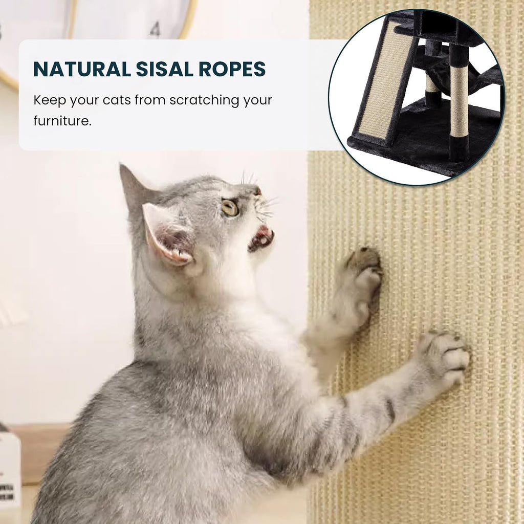 SHA CERLIN 65in Larger Cat Tree Tower Condo for Indoor Kitties/Multi-Level Furniture Activity Center with Wide Base/Cozy Plush Cat Perches/Baskets/Sisal Scratching Posts and Hammock/Dark Grey