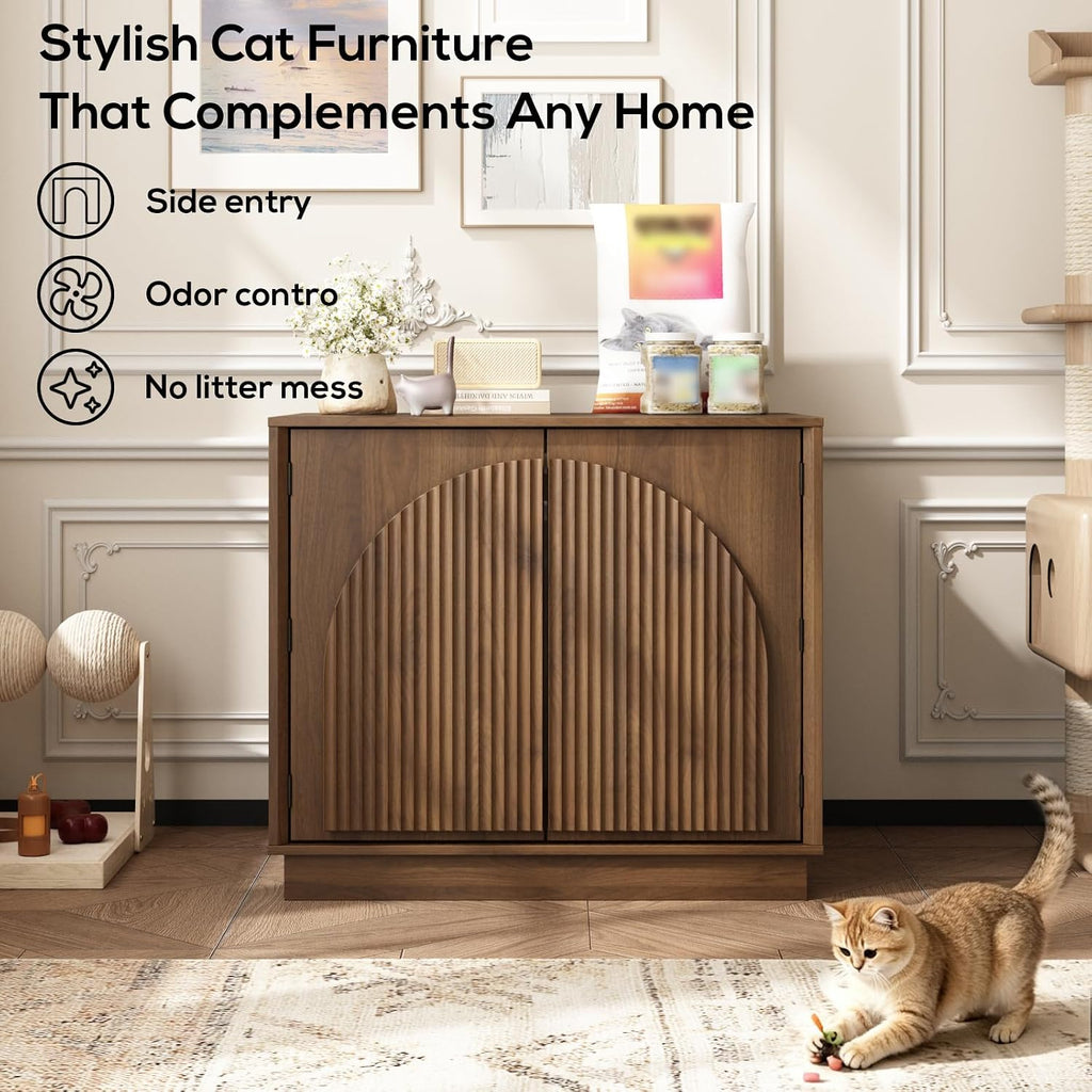 Cat Litter Box Enclosure, Modern Fluted Hidden Litter Box Furniture | 24.4" Tall Fits Most Litter Trays, Arched Fluted Door, Beveled Sides, 2.4" Reinforced Base, Rear Ventilation, Easy Assembly