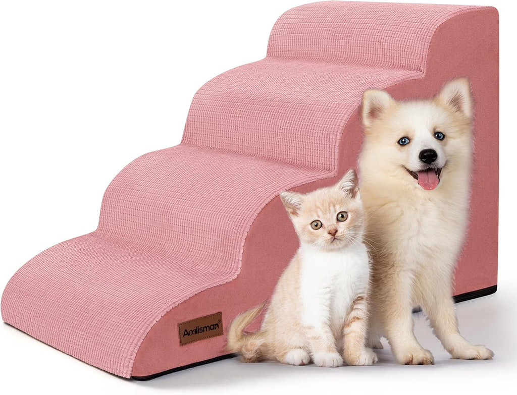 4-Step Dog Stairs for Bed or Couch, Pink Pet Ramp for Small Dogs, Cats