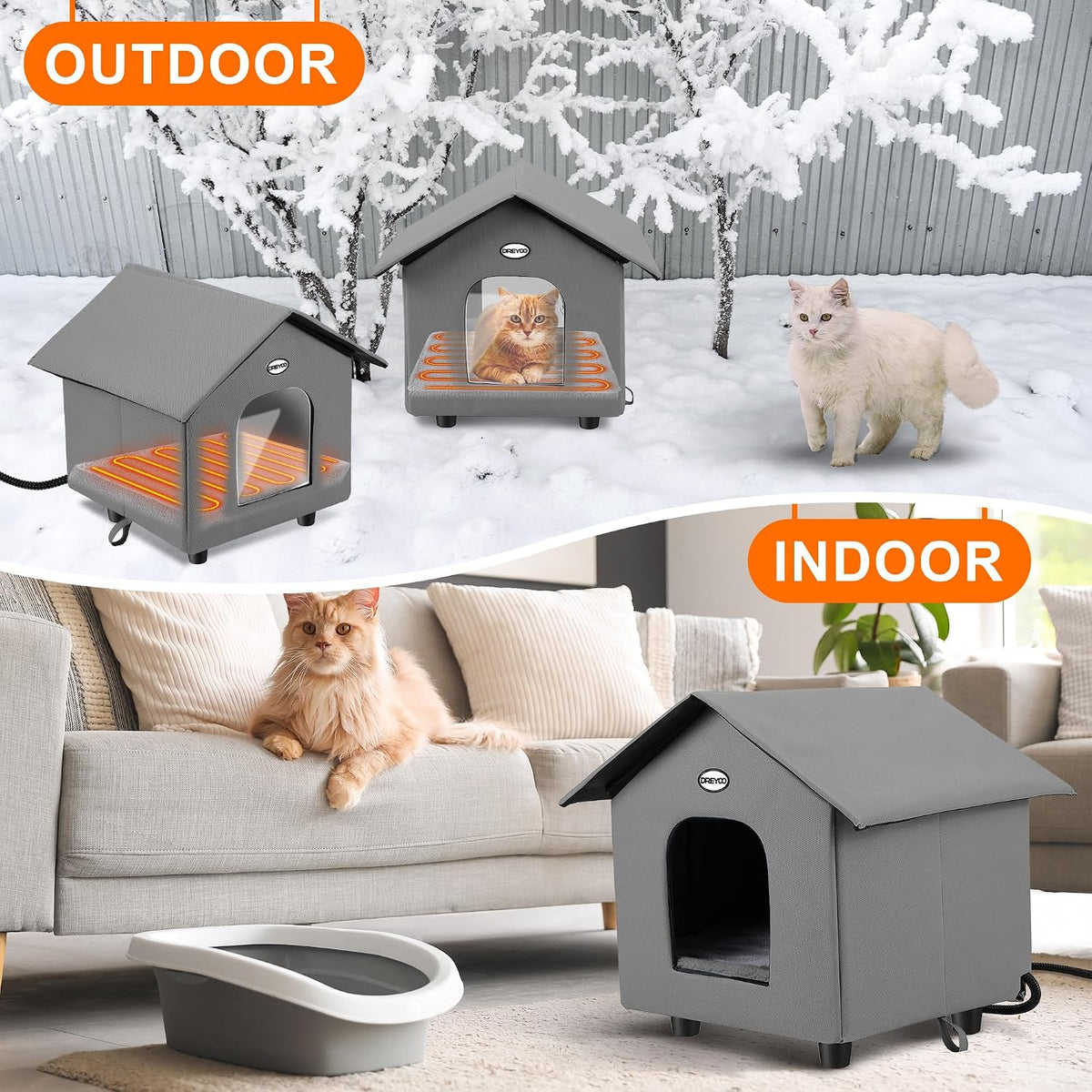 Dreyoo 1 Pack Heated Cat House Weatherproof, Dark Gray