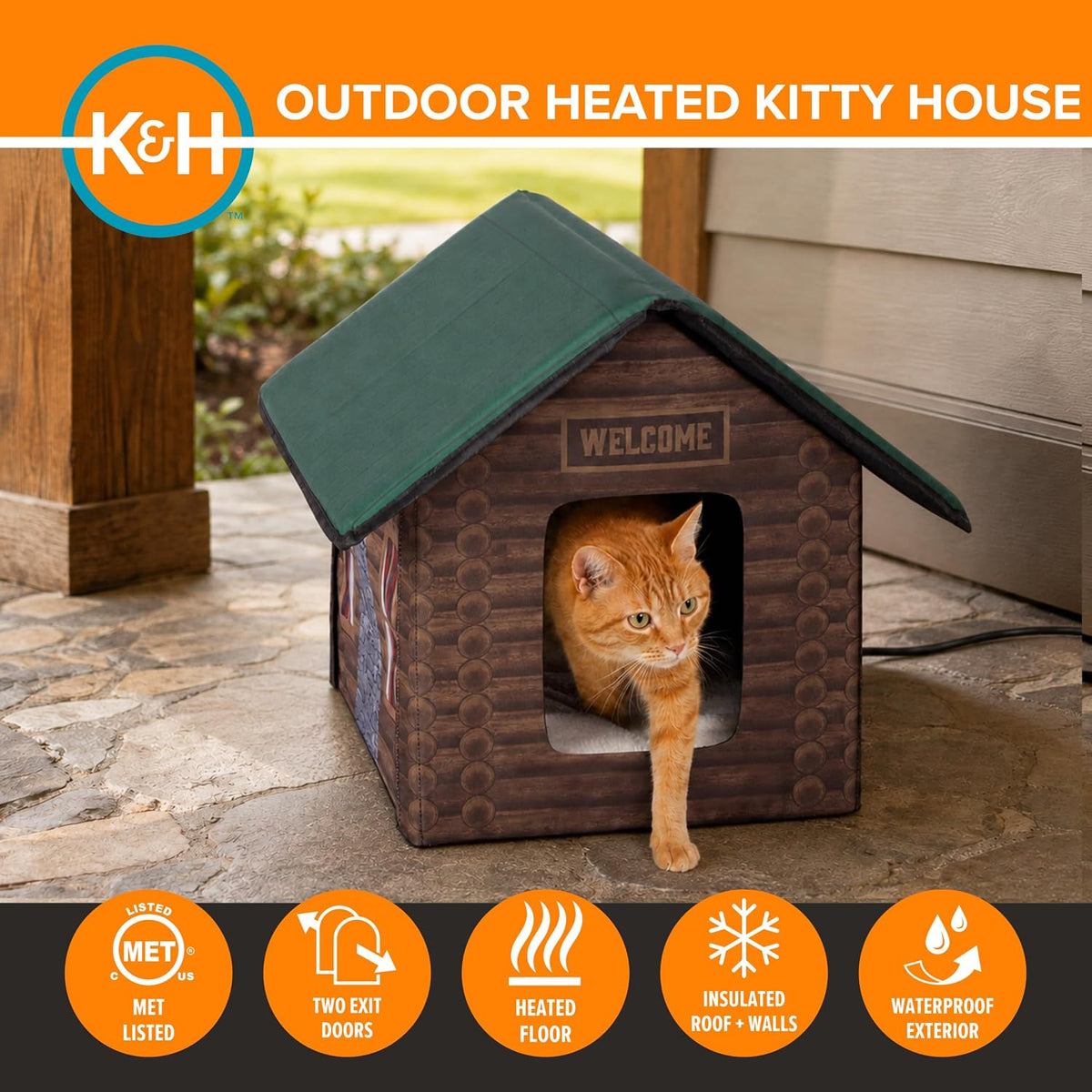 K&H Heated Cat House, Outdoor Kitty Shelter, Safety Listed, 20W, Log Cabin