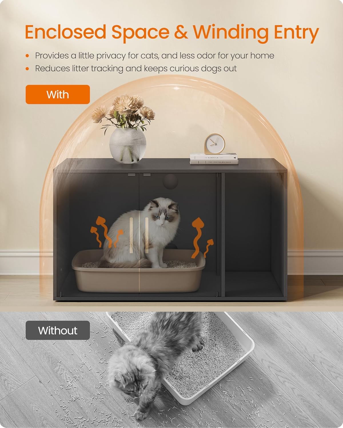 Feandrea Cat Litter Box Enclosure, Double Doors, 31.5 x 19.7 x 17.7 Inches | Modern Hidden Litter Box Furniture, Indoor Pet House, Side End Table, Ink Black, CUSTOS Collection UPCL020BC01S