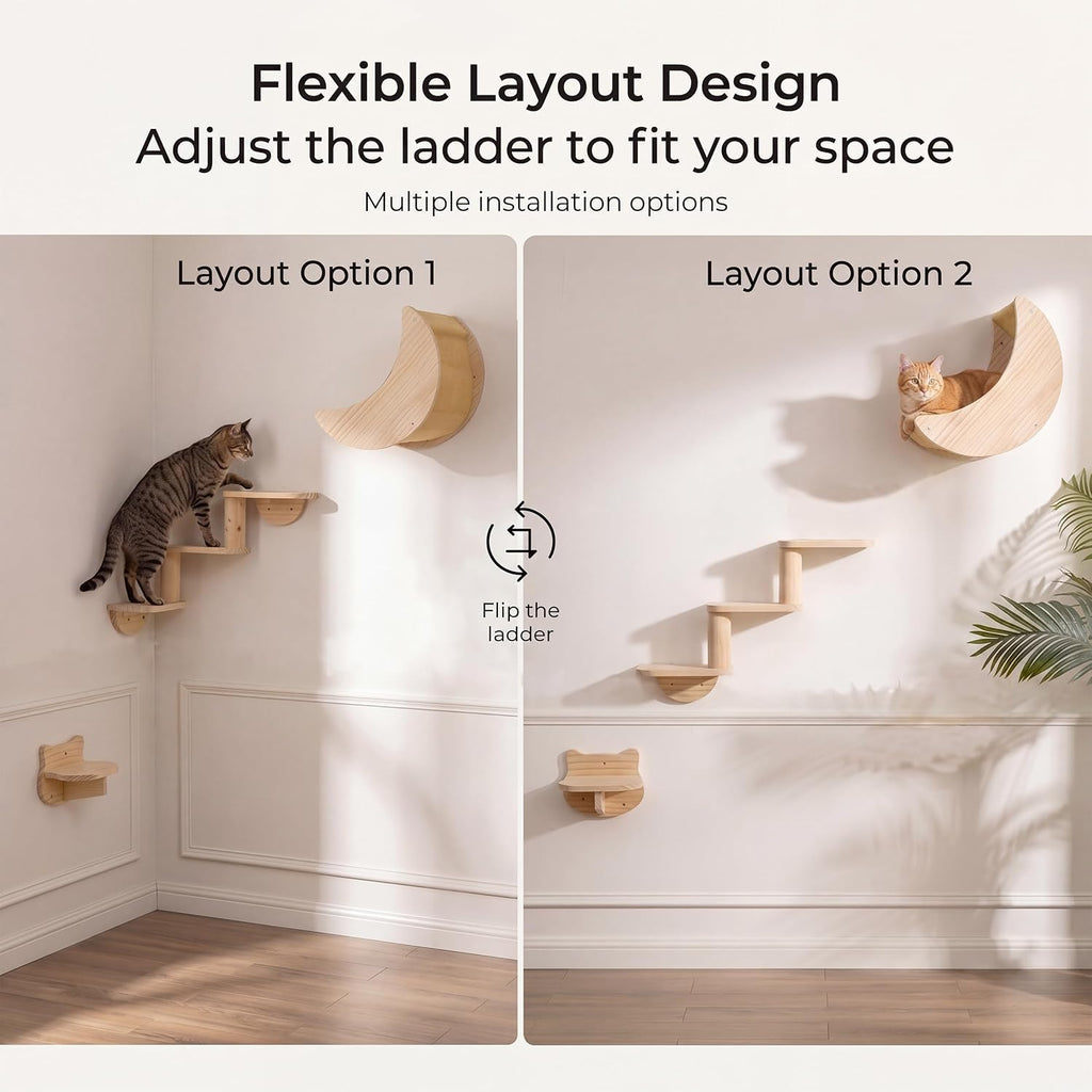 Cat Wall Shelves, Solid Wood Moon Bed, 3-Step Ladder & Perch for Climbing