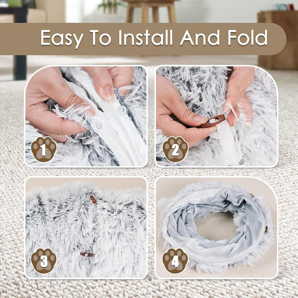Cat Tunnel Bed for Indoor Cats, Peekaboo Cat Cave with Washable Soft Play Mat, Furry Cat Tube, for Kitten/Puppy/Rabbit, Grey