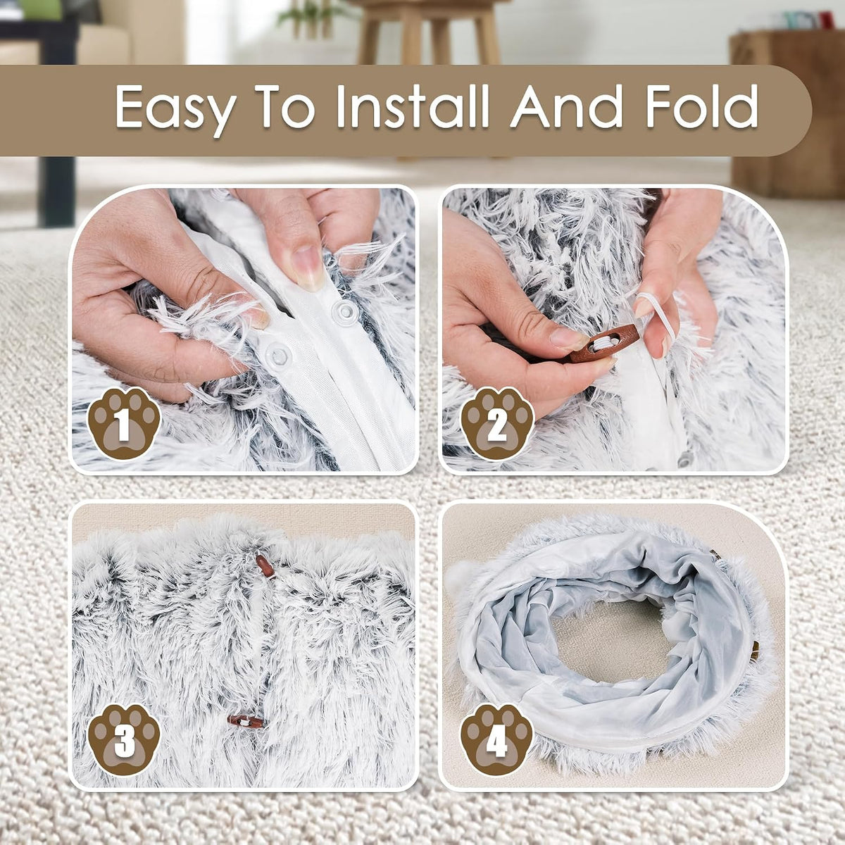 Cat Tunnel Bed for Indoor Cats, Peekaboo Cat Cave with Washable Soft Play Mat, Furry Cat Tube, for Kitten/Puppy/Rabbit, Grey