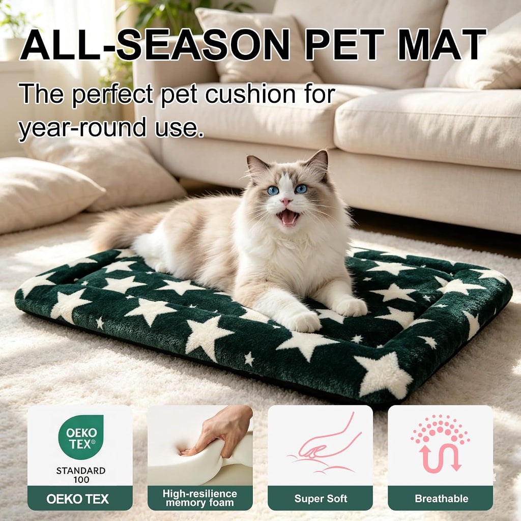 Dog Bed Mat, Reversible Crate Pad & Cute Dog Bed - Machine Washable Kennel Mat with Ultra Soft (Big&Small Stars Green, 18" L x 14" W x 1.5" Th)