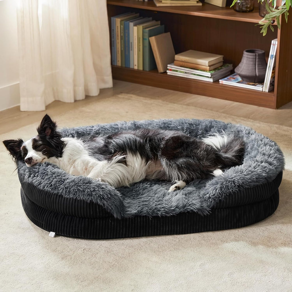 INVENHO Fluffy Orthopedic Dog Bed for Large Dogs, Egg-Crate Foam Bolster Sofa Bed with Washable Removable Waterproof Cover, Fluffy Plush Faux Fur Dog Bed with Non-Skid Bottom