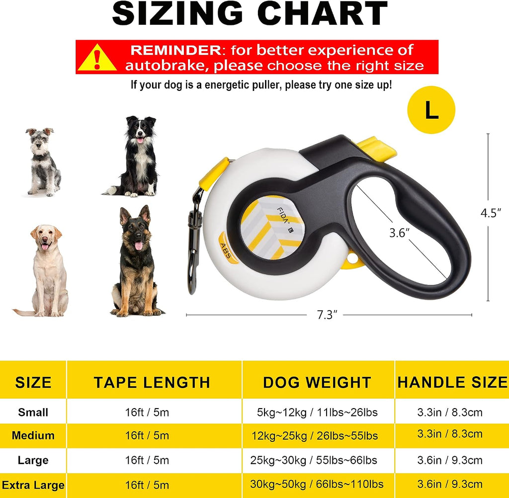 Fida AutoBrake Heavy Duty Retractable Dog Leash, 16 ft, for Strong Pullers