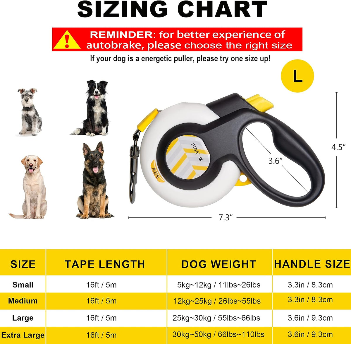 Fida AutoBrake Heavy Duty Retractable Dog Leash, 16 ft, for Strong Pullers