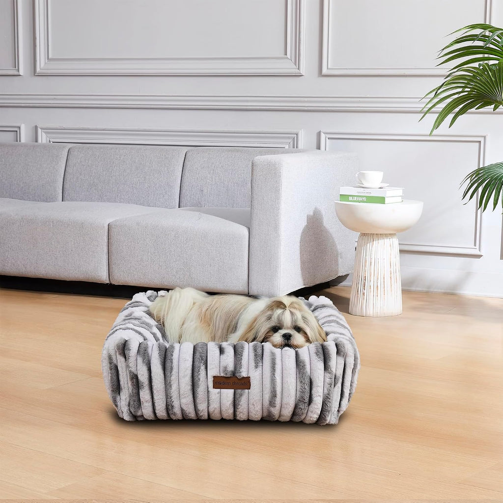 Modern Threads Ribbed Plush Two-Tone Cuddler Dog Bed, Ultra-Soft Faux Rabbit Fur, Supportive Bolstered Sides, Removable Washable Cover, Bed for Small to Medium Dogs, Silver, (24" L x 20" W x 8" Th)