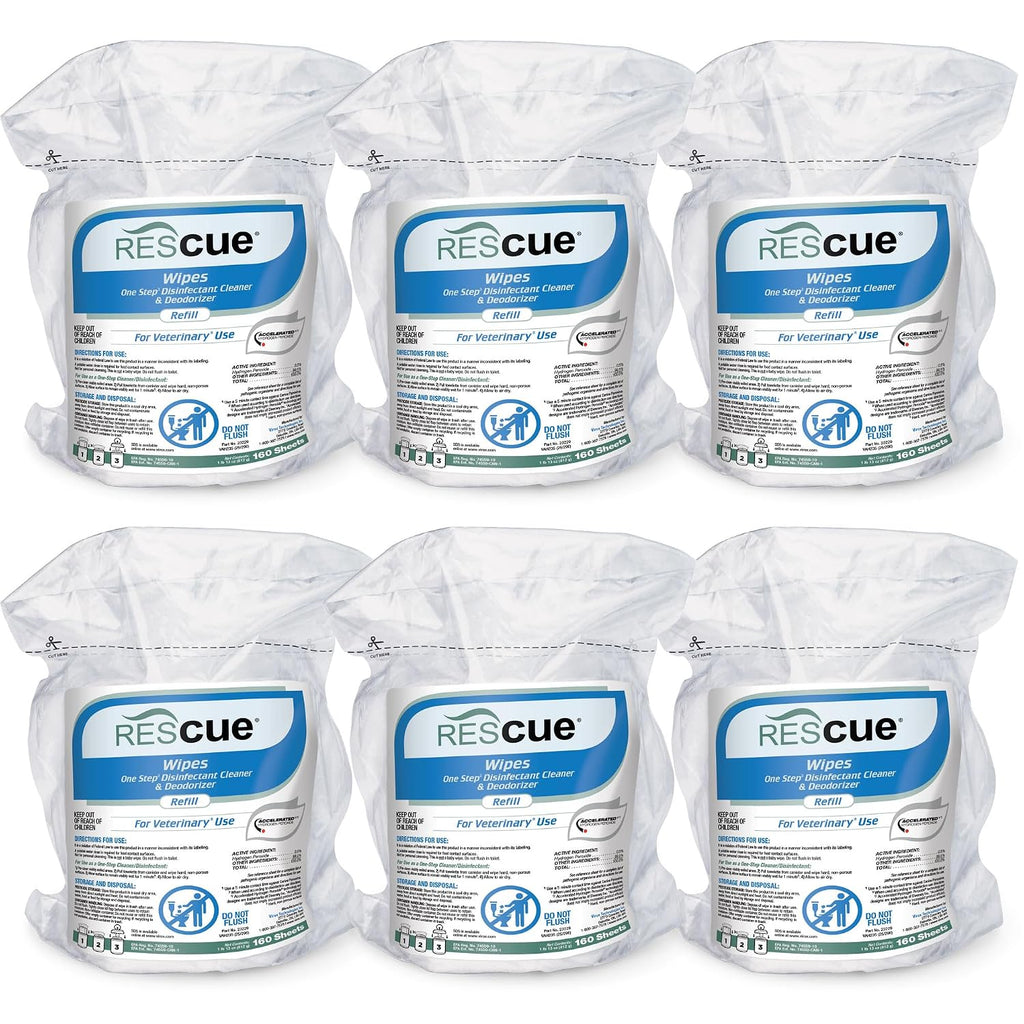 REScue One-Step Disinfectant Cleaner & Deodorizer Wipes for Vet Use – Cleaner for Kennels, Litter Boxes, Vet Offices, Pet Grooming Surfaces, Pet Boarding – Wipes Canister Refill, 160 Count (6 Pack)