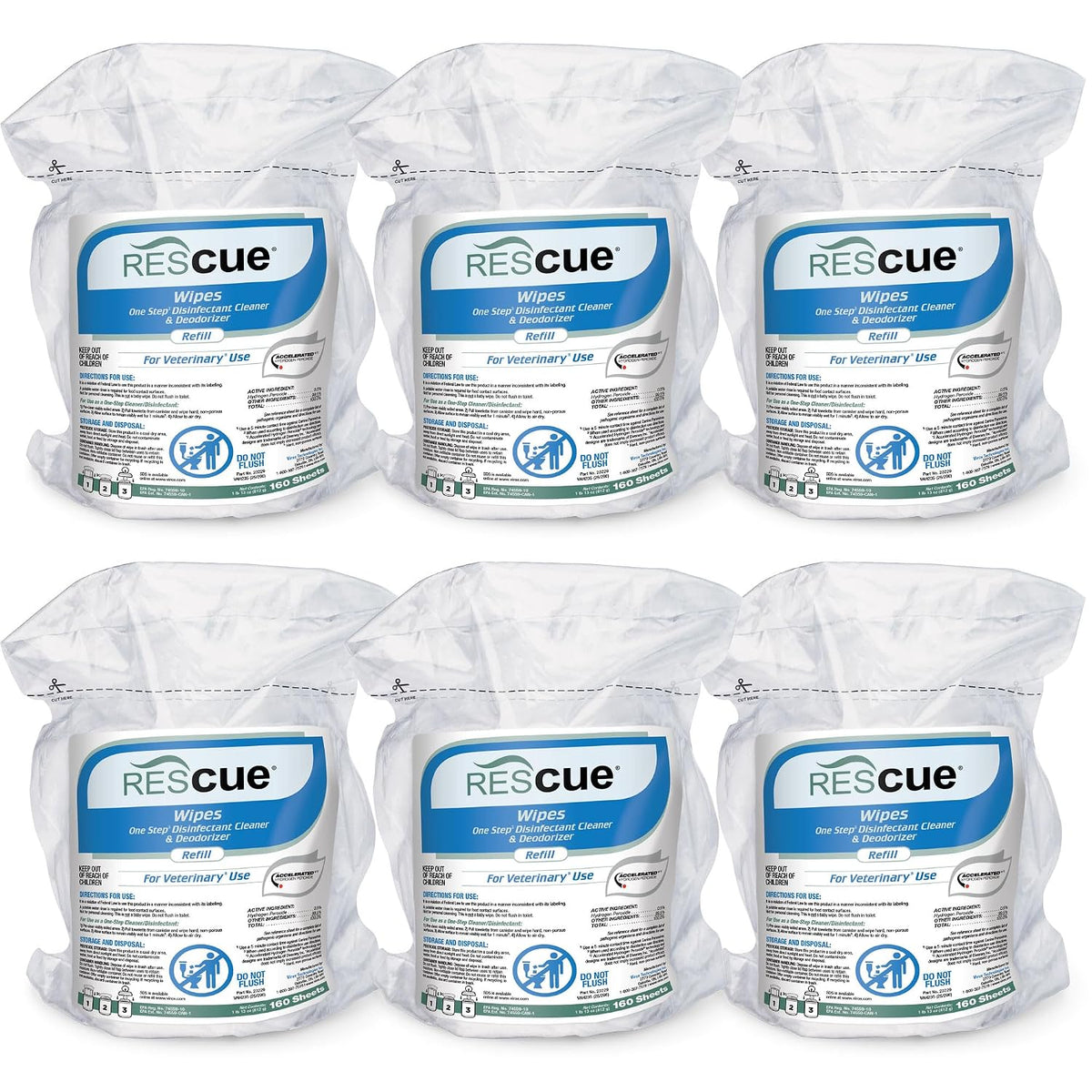 REScue One-Step Disinfectant Cleaner & Deodorizer Wipes for Vet Use – Cleaner for Kennels, Litter Boxes, Vet Offices, Pet Grooming Surfaces, Pet Boarding – Wipes Canister Refill, 160 Count (6 Pack)