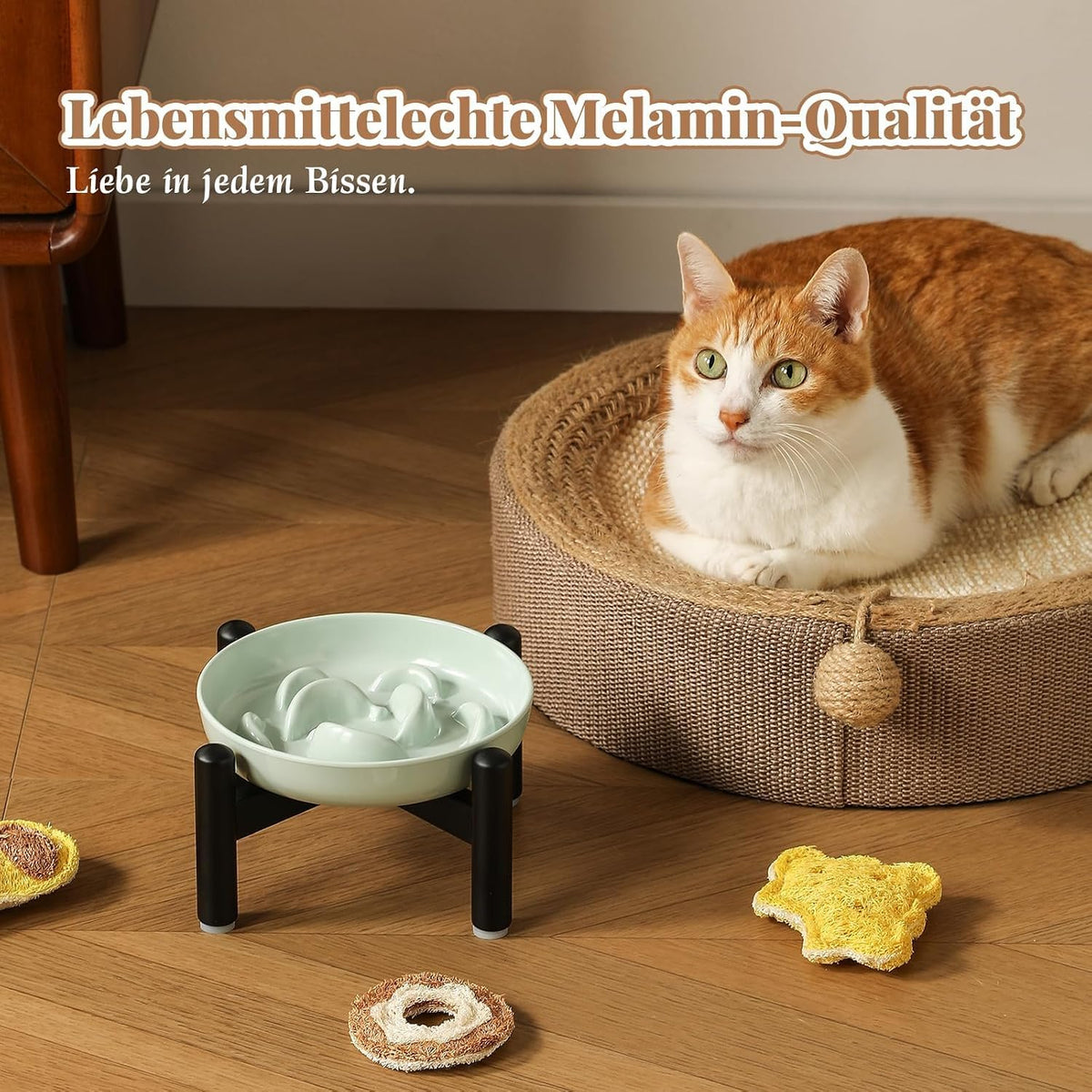 Elevated Slow Feeder Cat Bowl - Melamine Cat Food Plate with Anti-Slip Metal Stand - Raised Maze Dish for Slow Eating - Ivory White