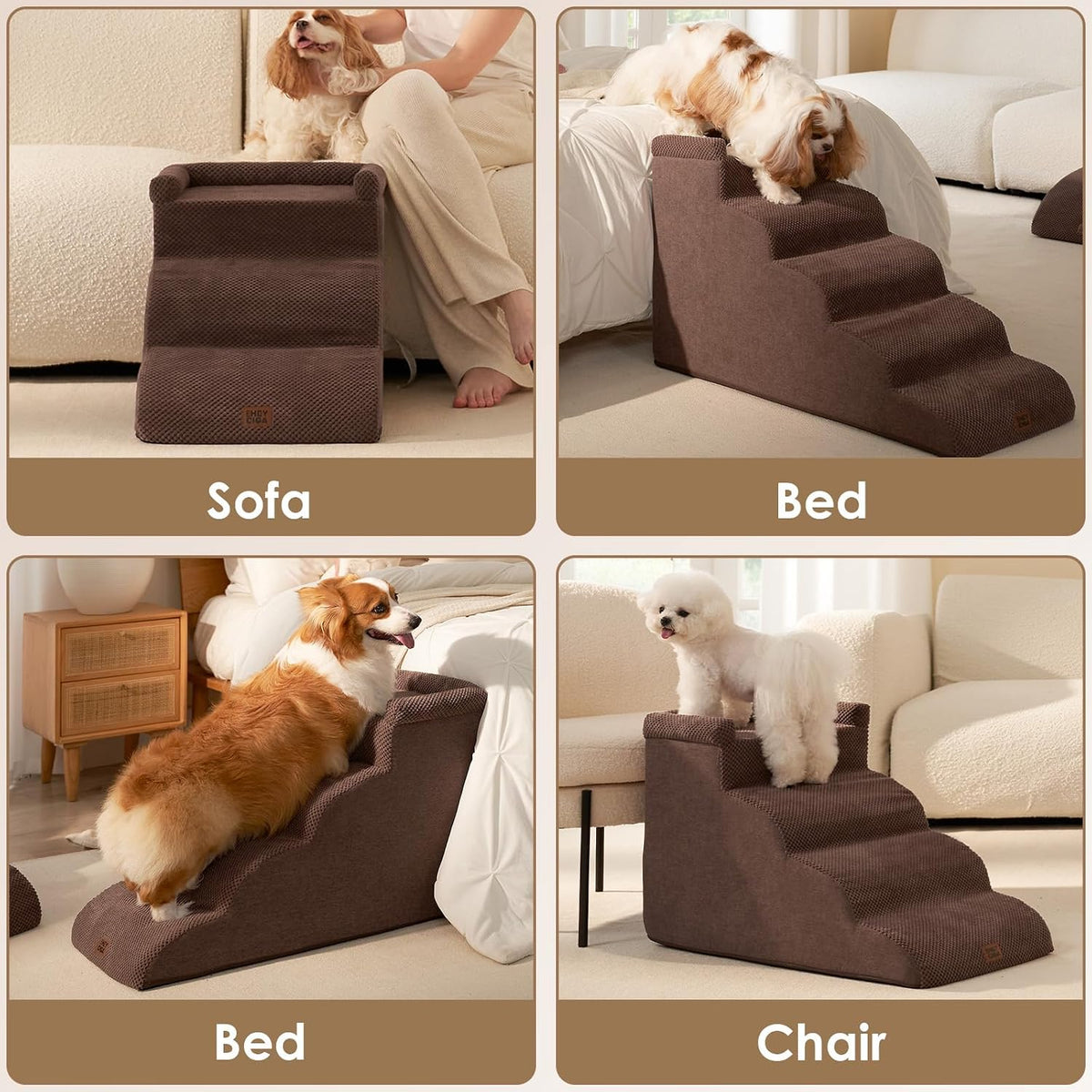 EHEYCIGA 5-Step Curved Dog Stairs for High Beds 20.7" H, Brown