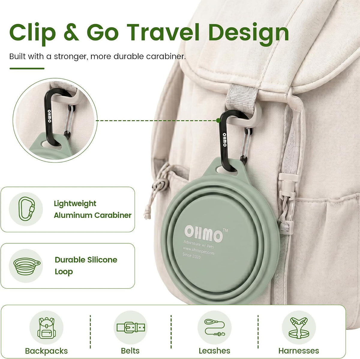 OHMO Collapsible Dog Bowls for Pet Travel, 12oz, 2pcs, Camo&Sage Green | Portable Water Bowl, Cat-Friendly, BPA-Free Silicone, Foldable Storage, Lightweight Carry, Hiking&Camping Gear, Easy-Clean