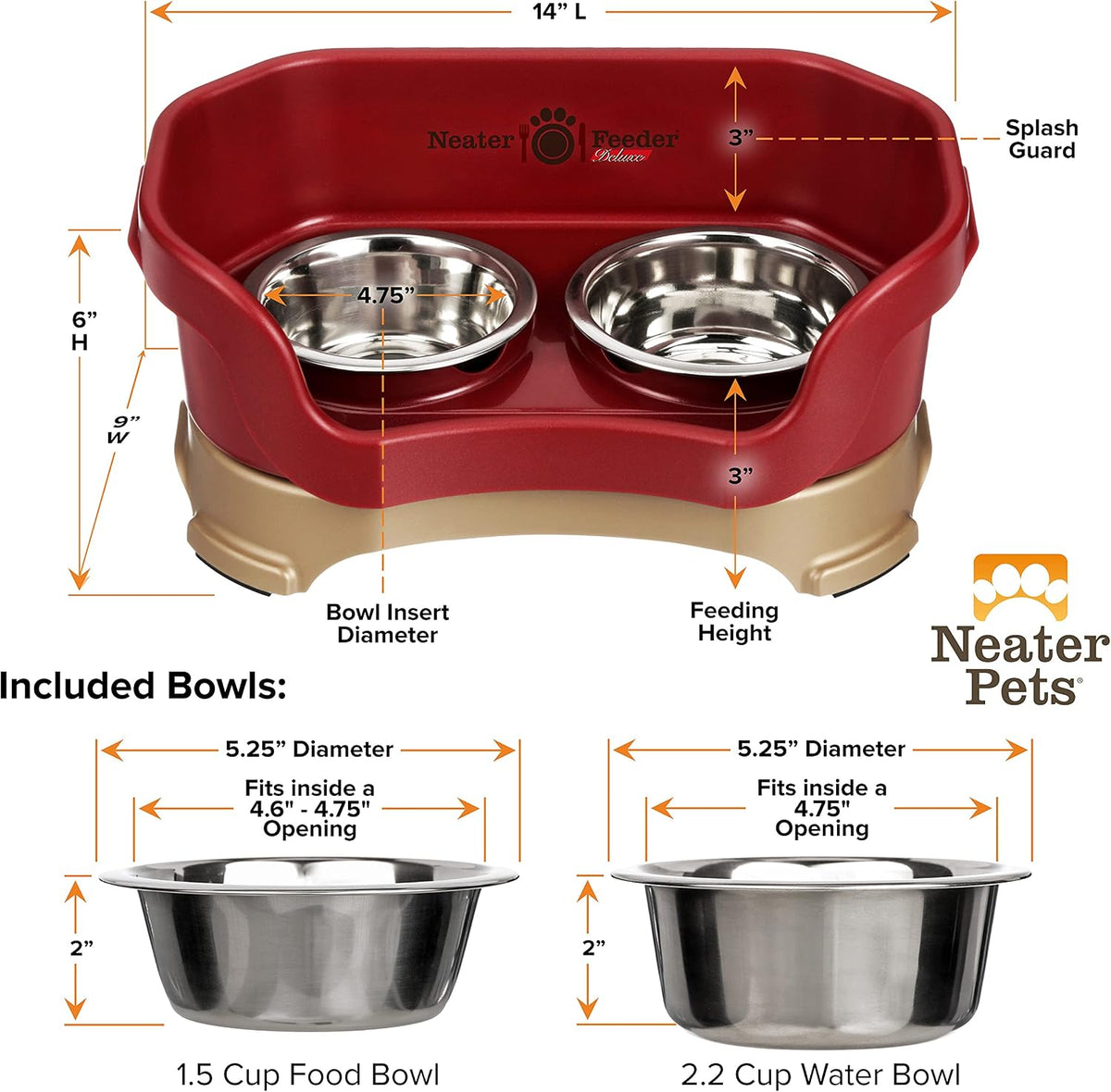 Neater Pet Brands Neater Feeder Deluxe Mess Proof Dog Bowls Elevated for Small Dogs Under 19 lbs, Made in USA, No Spill Raised Dog Food Bowl Stand Feeding Station, Food and Water Bowl Set, Cranberry 