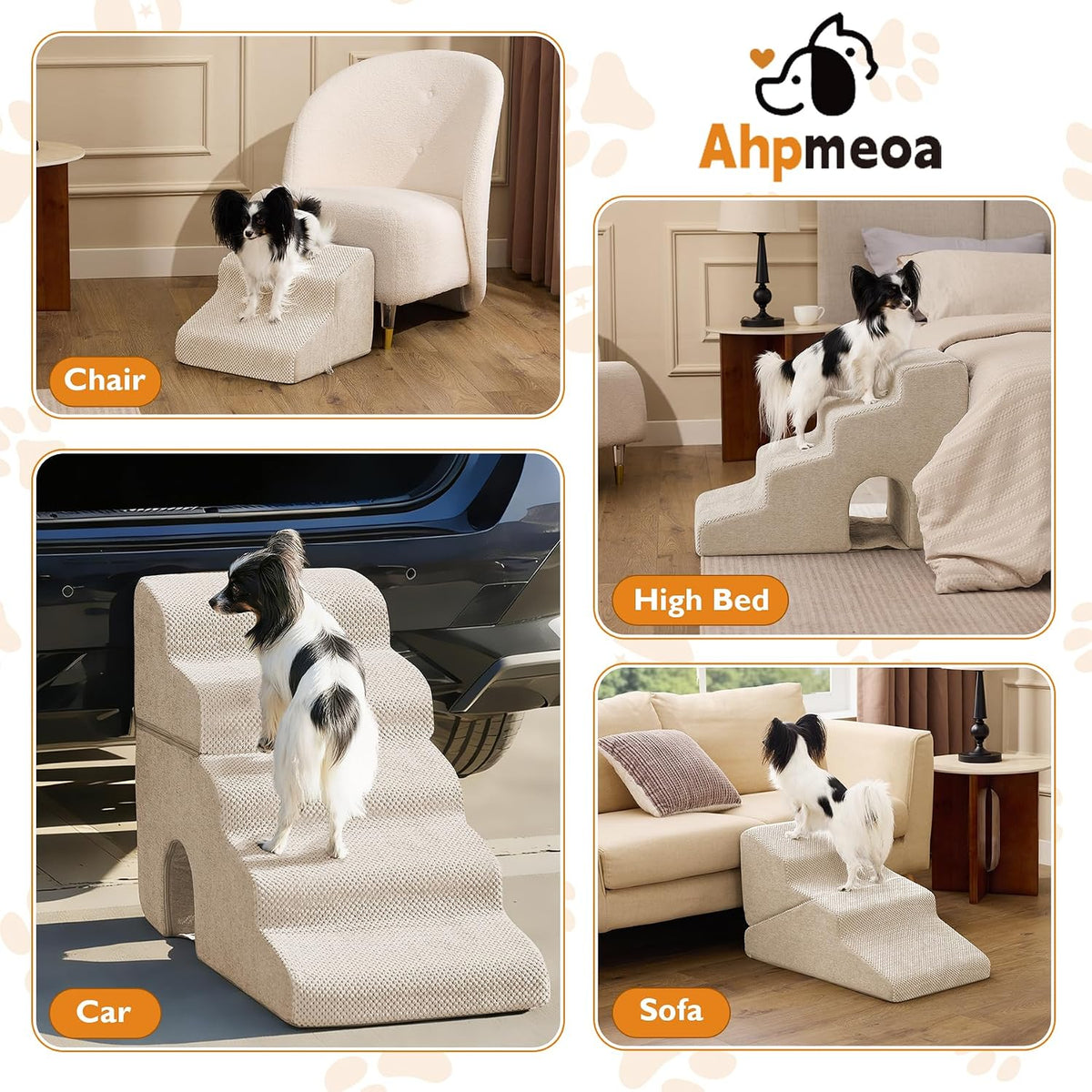 Ahpmeoa Dog Stairs for Small Dogs 16’’ H, 3-Step Dog Steps for Bed, Beige