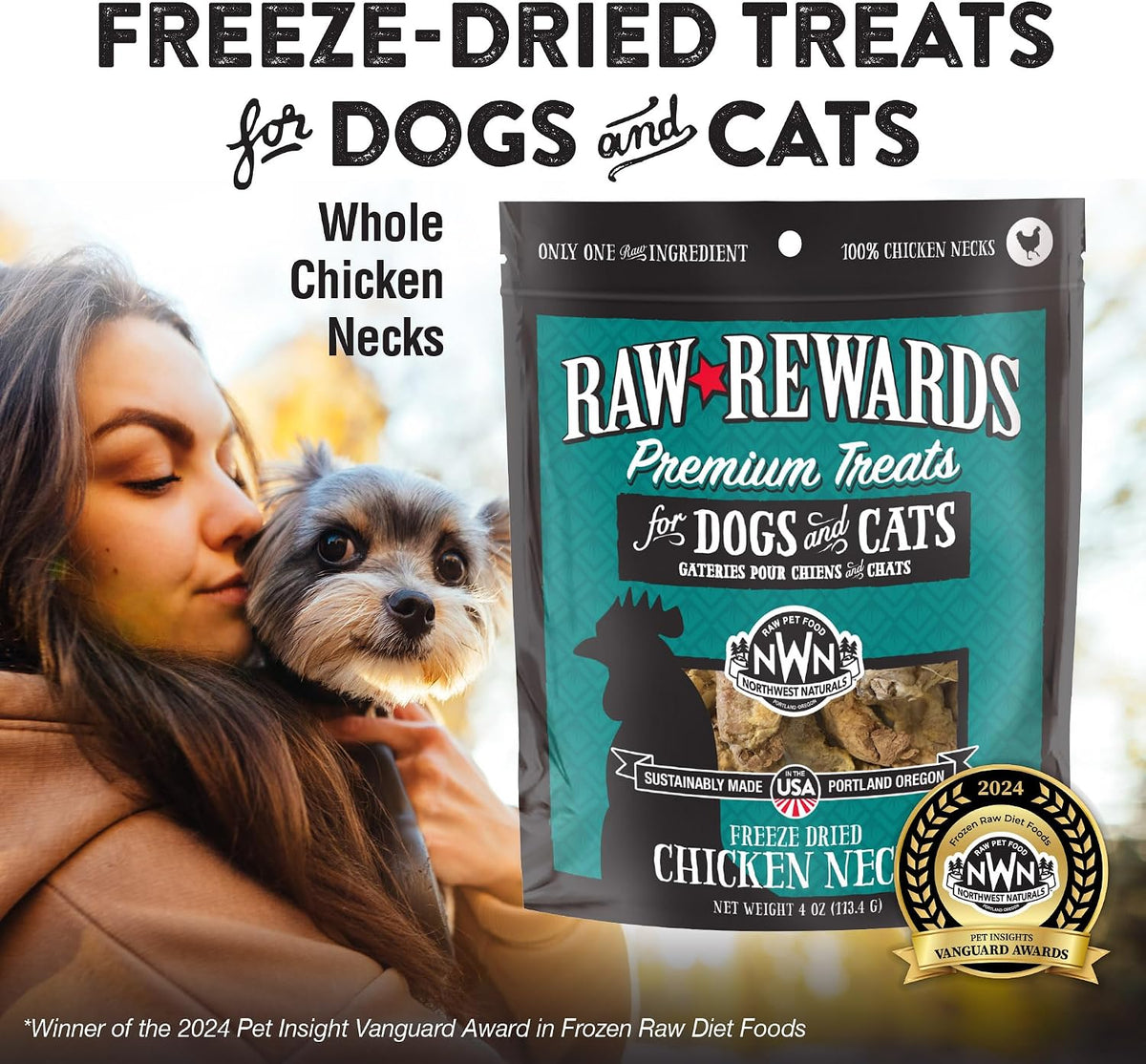 Northwest Naturals Raw Rewards Freeze-Dried Chicken Neck Treats for Dogs and Cats - Whole Neck - Healthy, 1 Ingredient, Human Grade Ingredients, All Natural, Proudly Made in USA, 4 Oz