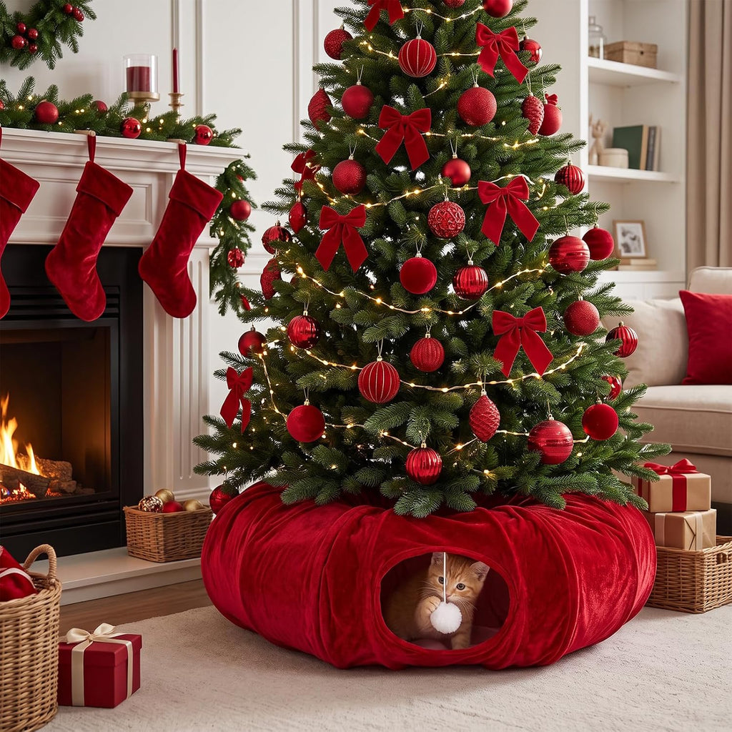 Thyle Christmas Cat Tunnel Bed, Burgundy, 2.4ft X 2.4ft X 11.8in, Velvet