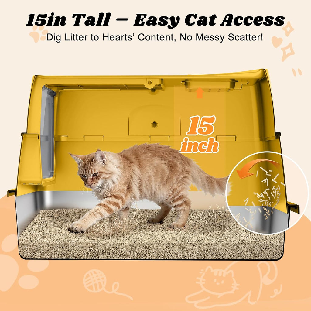 Stainless Steel Litter Box | Enclosed Cat Litter Box with Lid for Big Cats | High Sided Metal Litter Boxes | 100% Anti-Urine Leakage | Non-Stick with Litter Mat & Litter Scoop Set (Mustard Yellow)