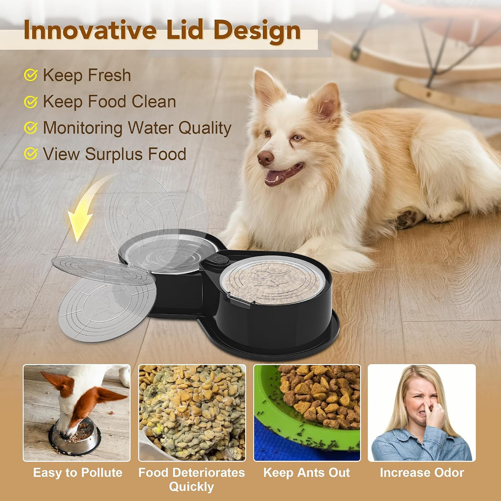 Newget 304 Stainless Steel Dog Bowl Set with Lids, 24oz Foldable Pet Dishes | Dual Food & Water Pet Bowl, Anti-Skid, Keeps Food Fresh, Easy to Install, for Small - Large Dogs/Cats - Indoor & Outdoor Use