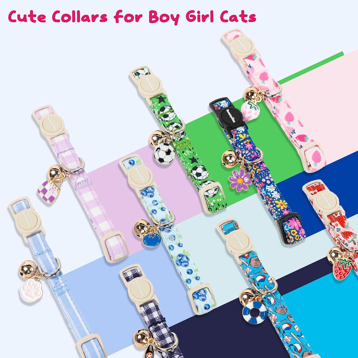 LIONET PAWS 2 Pack Breakaway Cat Collars, Cute Soft Cotton Purple White Plaid & Blue Bow Kitten Collars with Bell for Boy Girl Cats