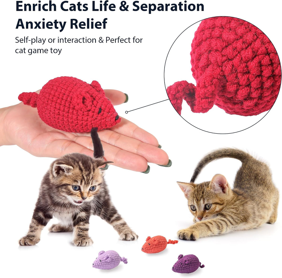 Catnip Toys Crochet Mouse, 6 Pcs Yarn Cat Nip Mice Safe Teeth Cleaning Chew Toy for Indoor Kittens Kitty, Adult Cats Interactive Catnip Cat Kicker Toys Anxiety Relief