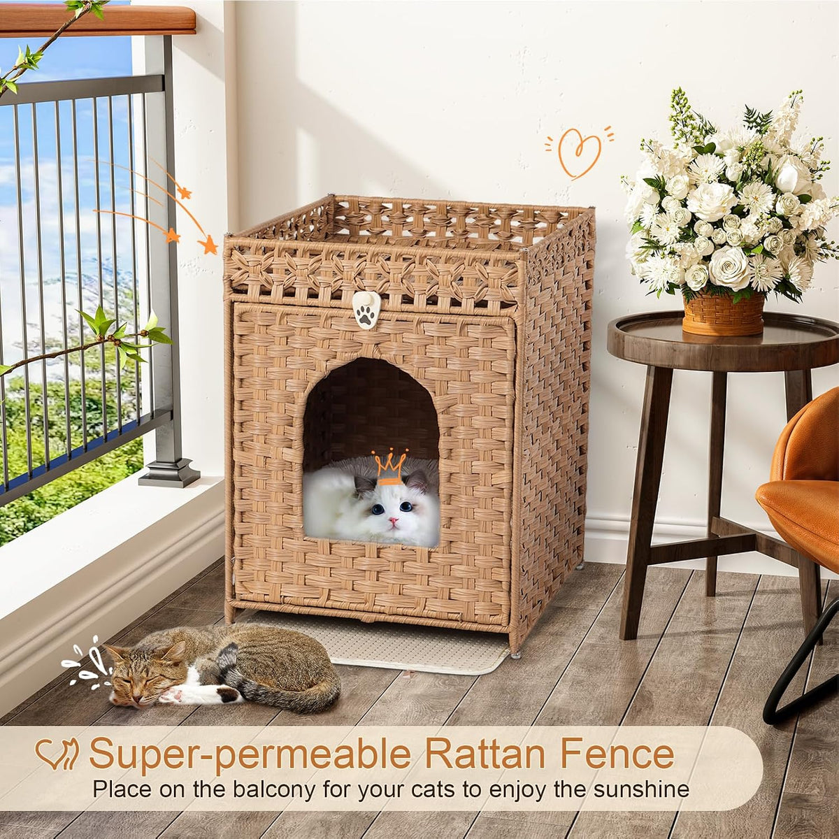 Snughome Cat Litter Box Enclosure Furniture Hidden with Litter Mat, Hidden Washroom Furniture with Door, Handwoven Rattan Cat Washroom Box, Indoor Pet House for Living Room, Bedroom(Natural)