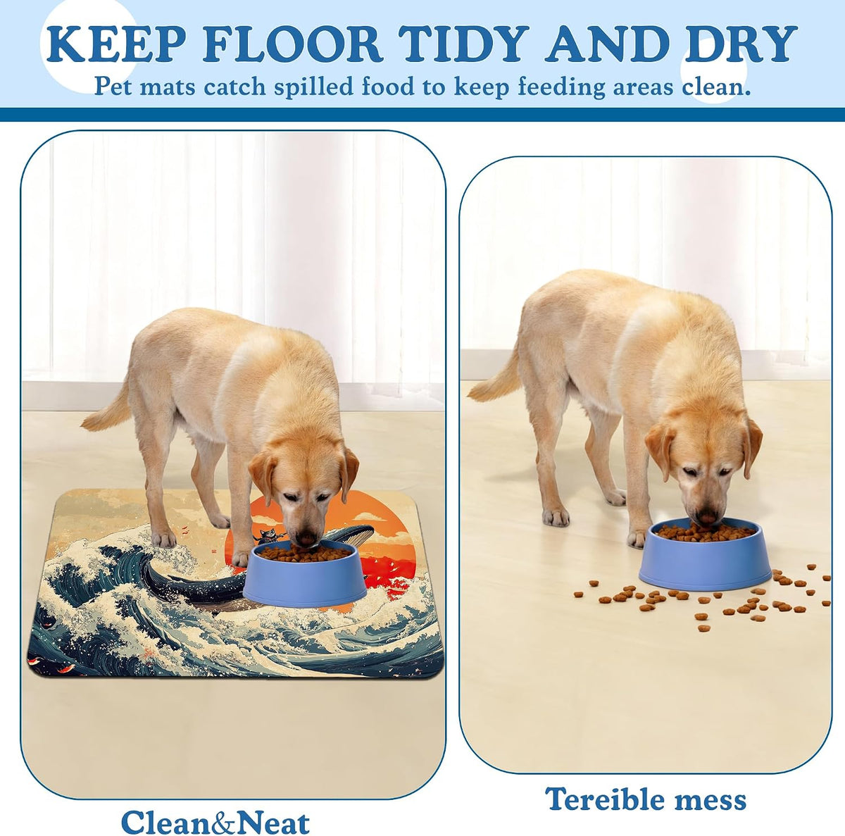 Wave Cat Dog Food Mat,Ukiyo-e Whale Absorbent Quick Dry Feeding Placemat for Food and Water Bowls, Non Slip Rubber Backing, Waterproof Pet Supplies for Mess-Free Eating 12"x20"