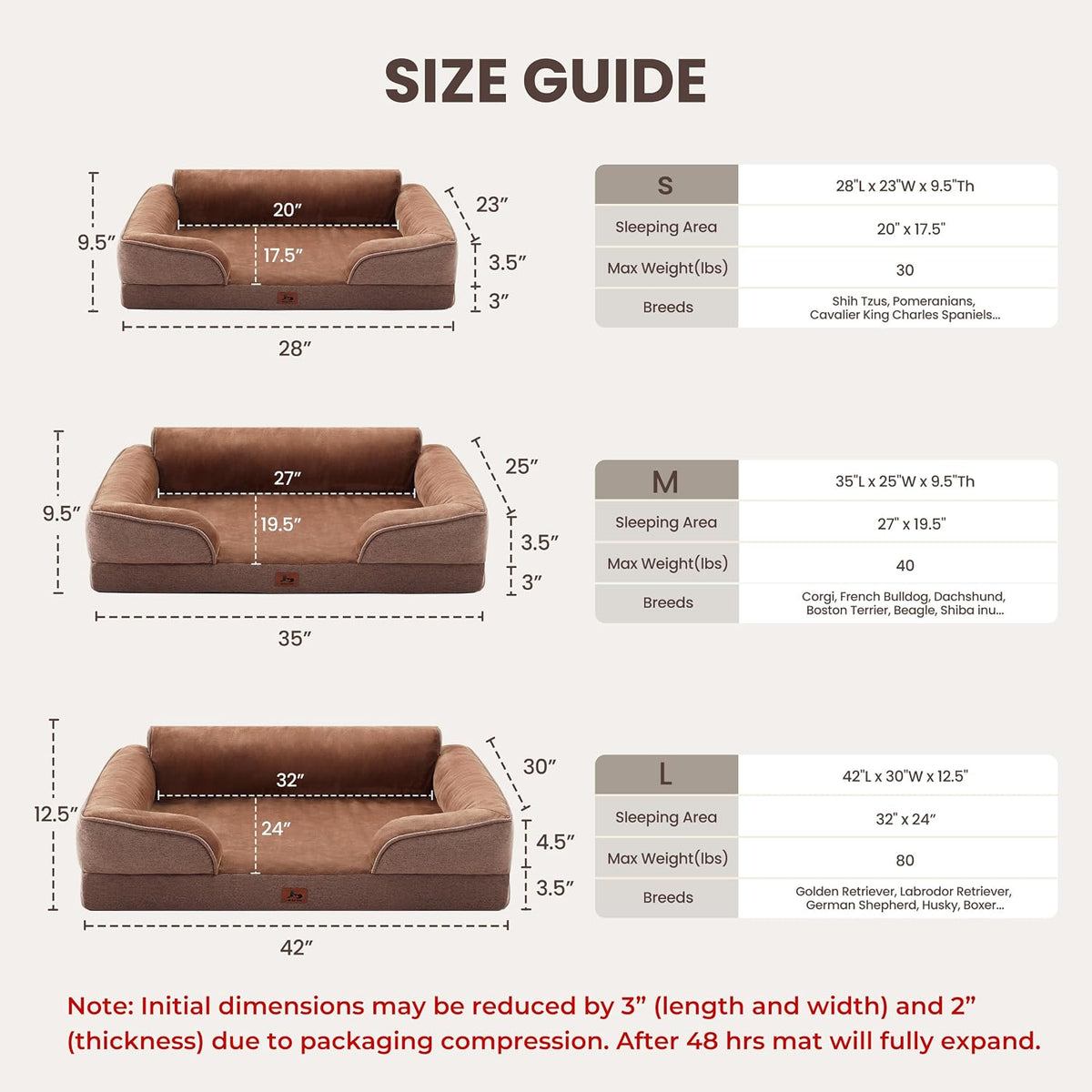 XL Orthopedic Dog Bed for Large Dogs, Removable Washable, Brown