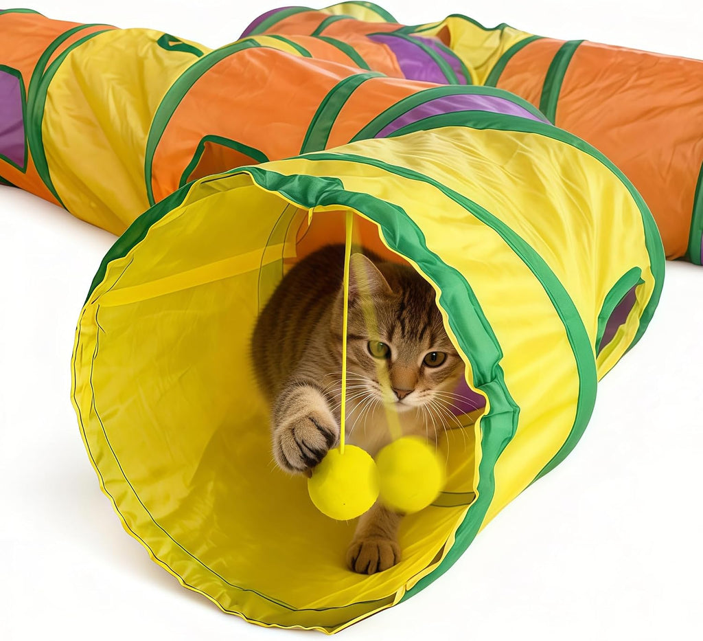 Cat Tunnels for Indoor Cats, Cat Tunnel with Plush Ball, Kitten Tunnel Collapsible, Cat Play Tunnel with Interactive Peephole for Large Cat, Puppy, Kitten (Colorful-4 Way)