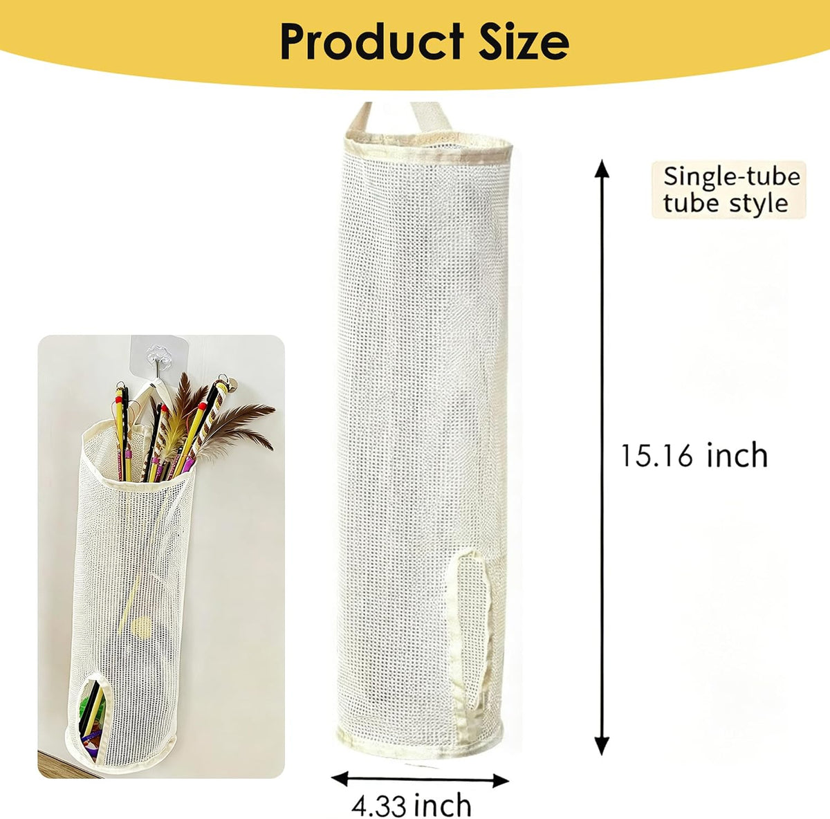 2 Pcs 15.16" Height Cat Wand Toy Organizer Storage Holder Bag, Not Suitable for Small Toys (w/ an Opening in the Bottom), Kitten Stick Toy Mesh for Cat Feather Toys Wall Hanging with Adhesive Hooks