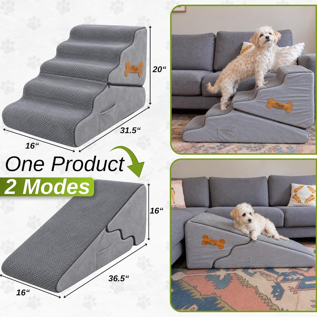 Dog Stairs for Bed & Couch – 2-in-1 Foldable Dog Stairs and Ramp (Gray - 5-Steps)
