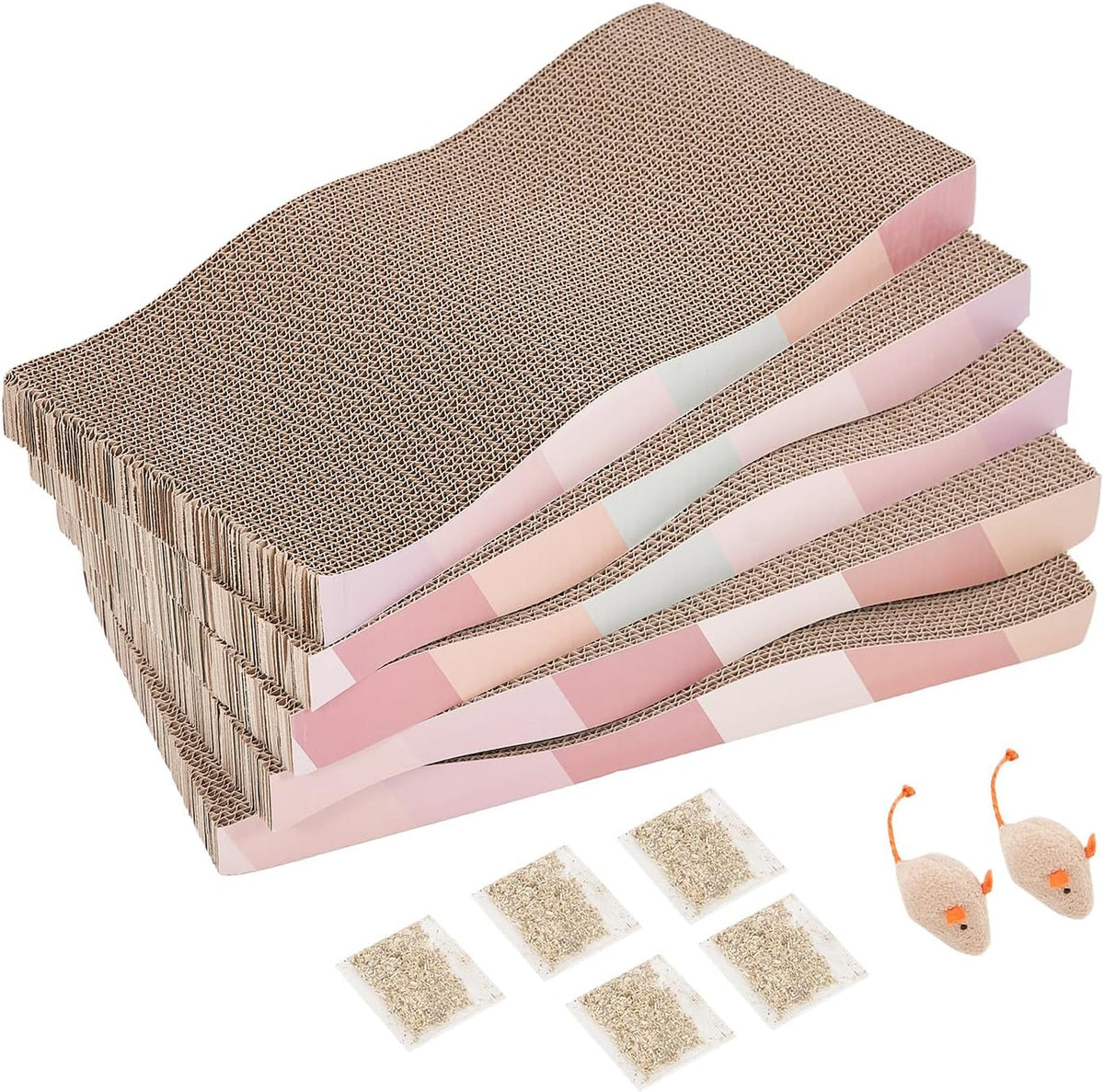 SIDAZON Cat Scratching Pads Cardboard Cat Scratchers for Indoor Cats Reversible Large Wide Corrugated with Catnip and Mini Toy(5pcs)