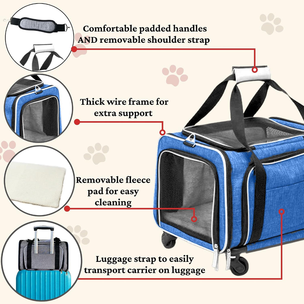 Ruff Life 101 Airline Approved Expandable Premium Pet Carrier on Wheels- Two Sided Expandable Rolling Carrier- Designed for Dogs & Cats- Extra Spacious Soft Lined Carrier! (Blue)