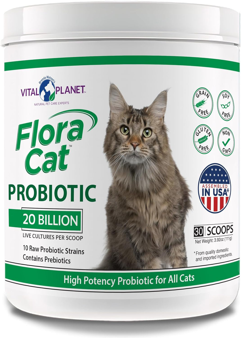 Vital Planet - Flora Cat Probiotic Powder Supplement with 20 Billion Cultures and 10 Diverse Strains High Potency Probiotics for All Cats for Feline Digestive and Immune Support 30 Scoops 3.92 oz