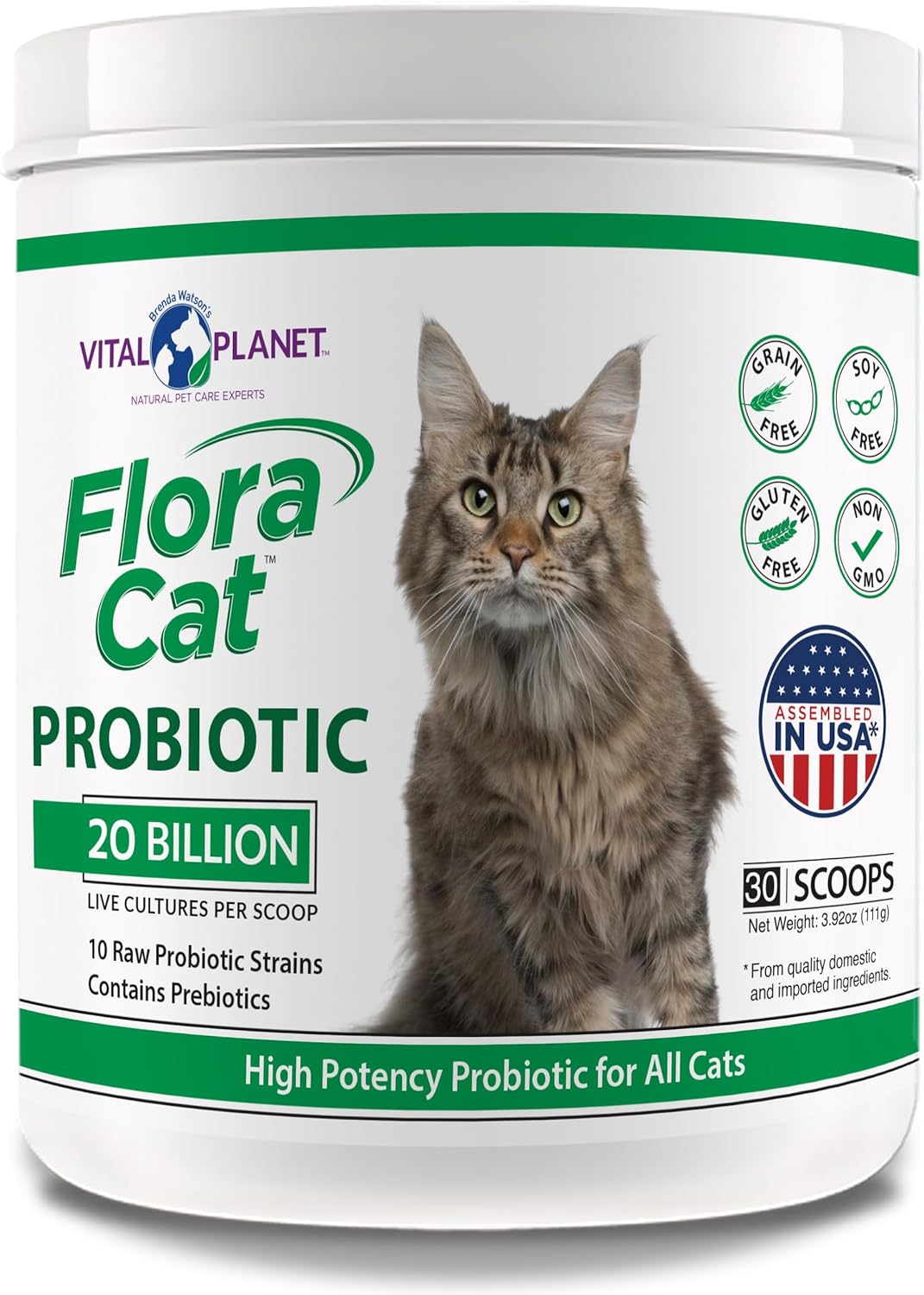 Vital Planet - Flora Cat Probiotic Powder Supplement with 20 Billion Cultures and 10 Diverse Strains High Potency Probiotics for All Cats for Feline Digestive and Immune Support 30 Scoops 3.92 oz