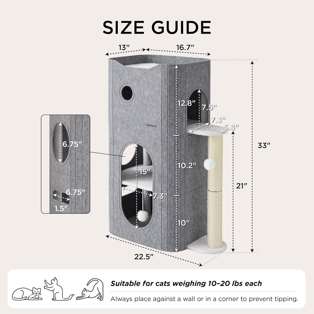 Bedsure 3-Level Cat Tree for Indoor Cats with Scratching Post,Grey