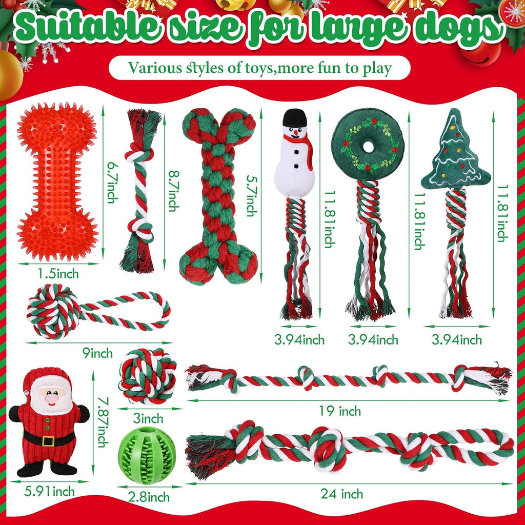Vinsot 12 Pack Christmas Dog Gifts Large Dog Toys for Aggressive Chewers | Red Green White Dogs Teething Toys with Dental Rope Squeaky Balls and Chew Bone for Medium Large X-Large Breeds Dogs