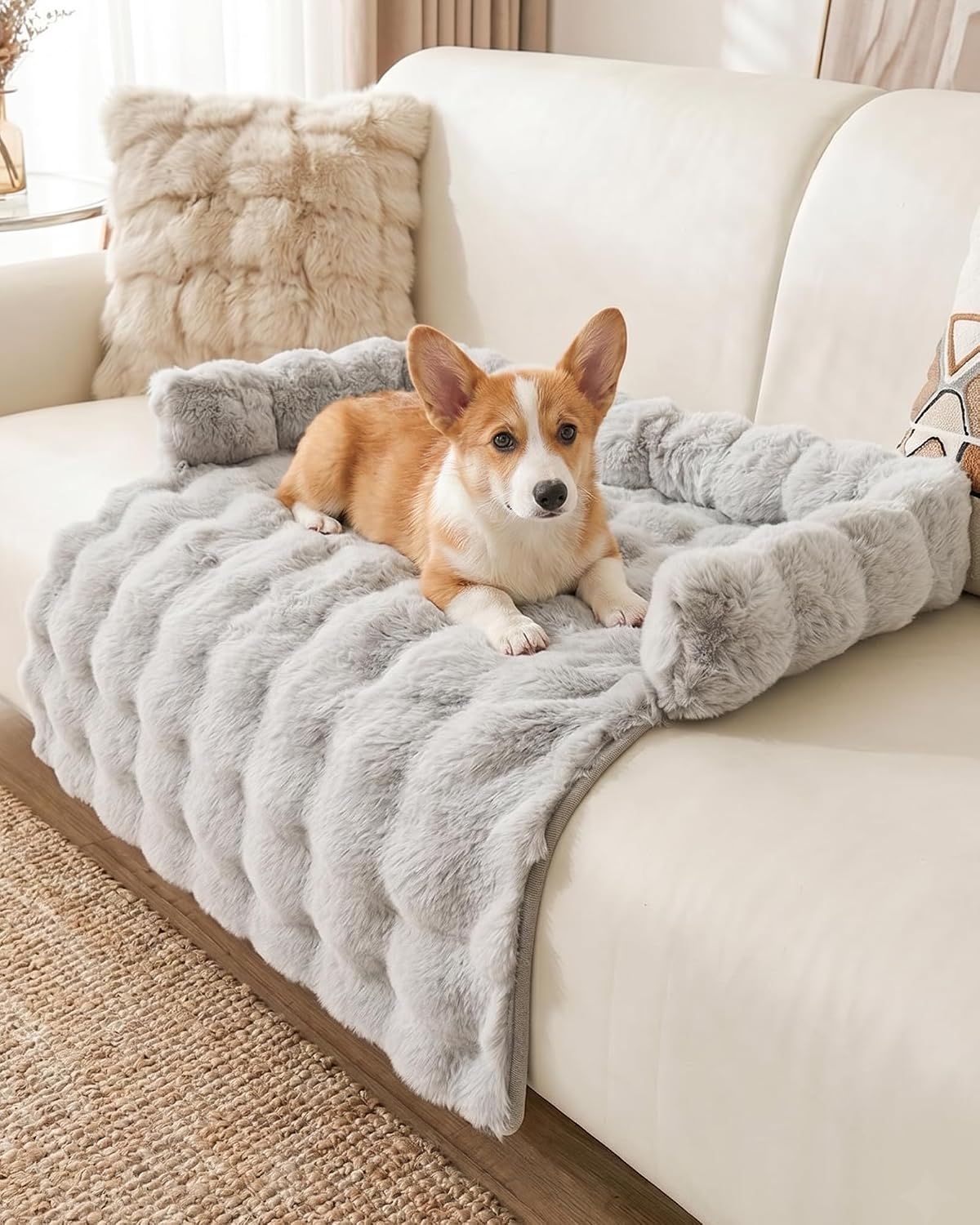 Calming Dog Bed/Mat for Couch,Faux Rabbit Fur Pet Sofa Furniture Protector